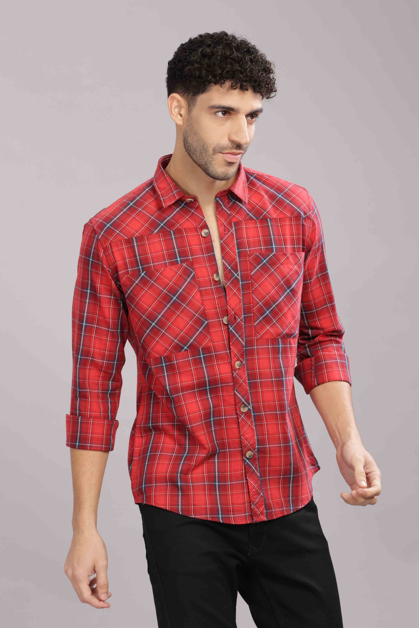 Red Double Box Pocket Checks Shirt