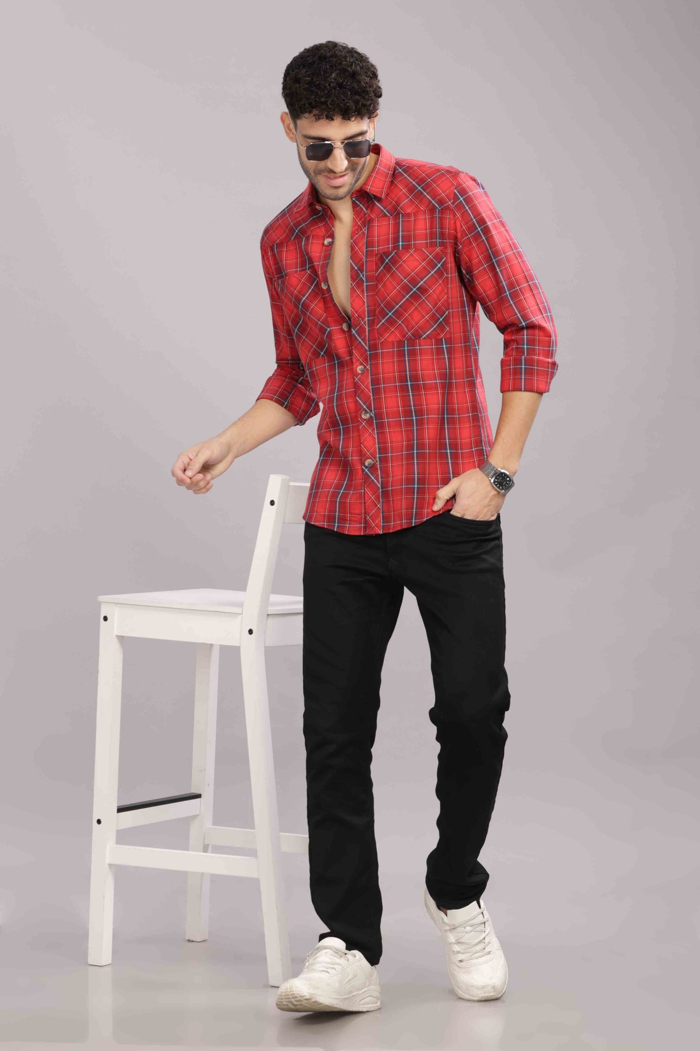 Red Double Box Pocket Checks Shirt