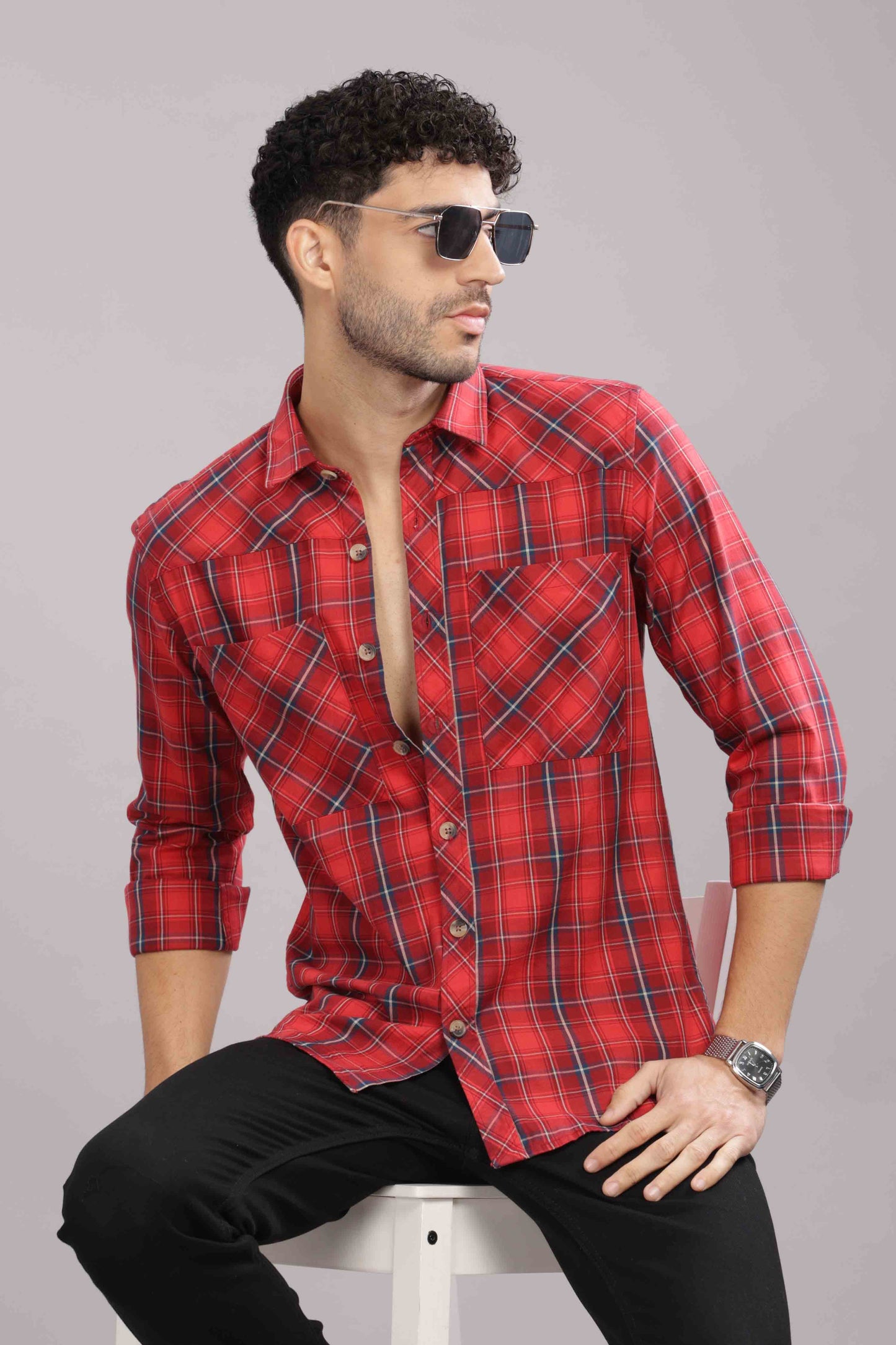 Red Double Box Pocket Checks Shirt