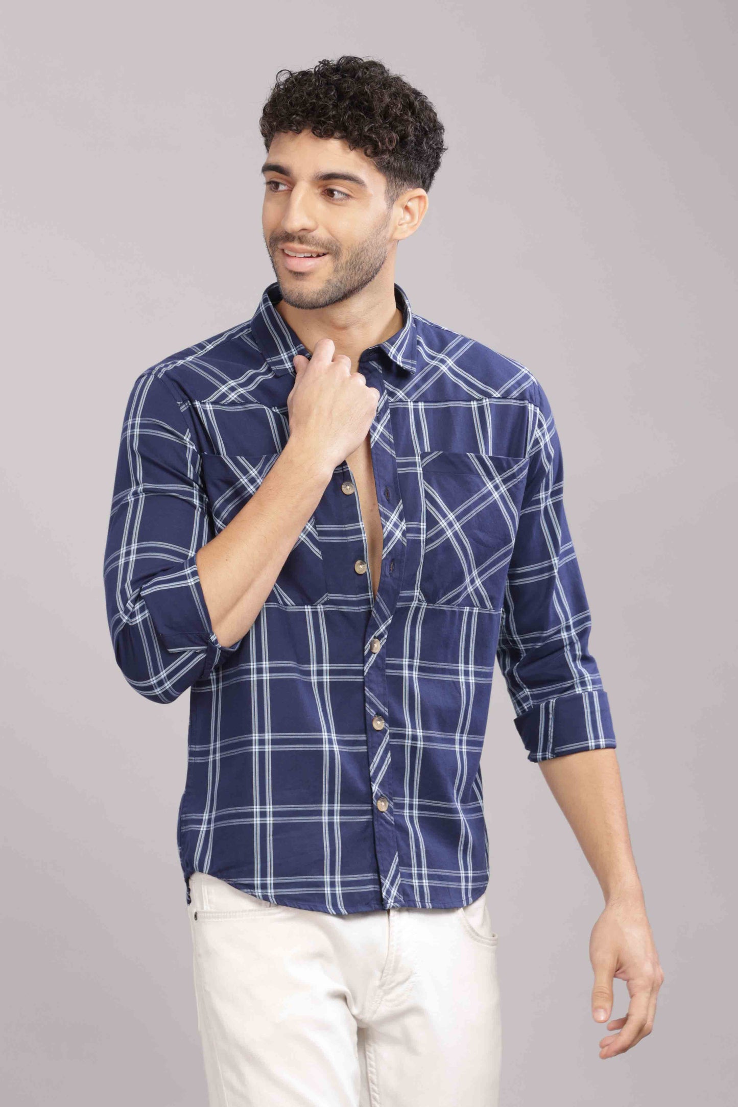 Blue Double Box Pocket Checks Shirt