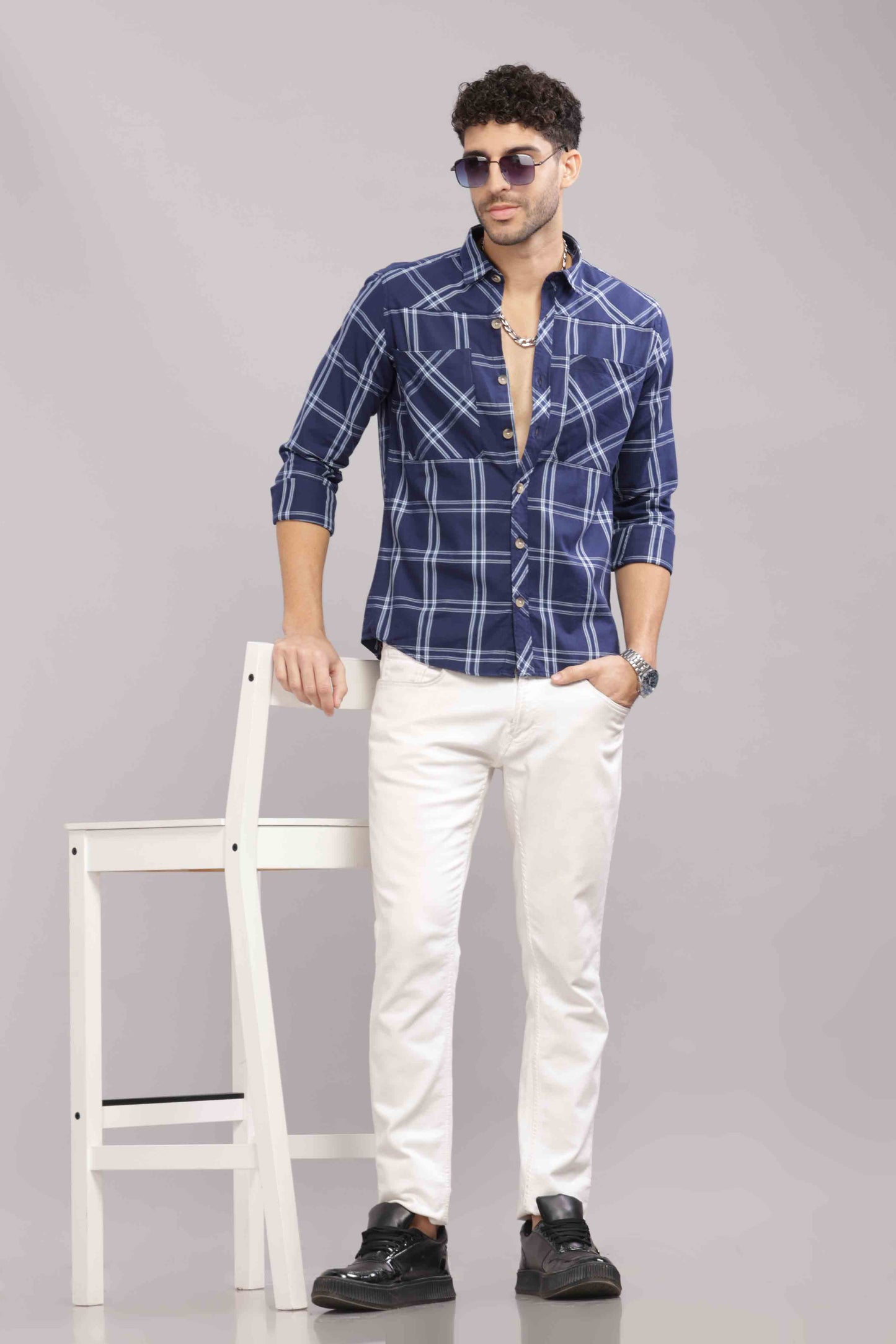 Blue Double Box Pocket Checks Shirt