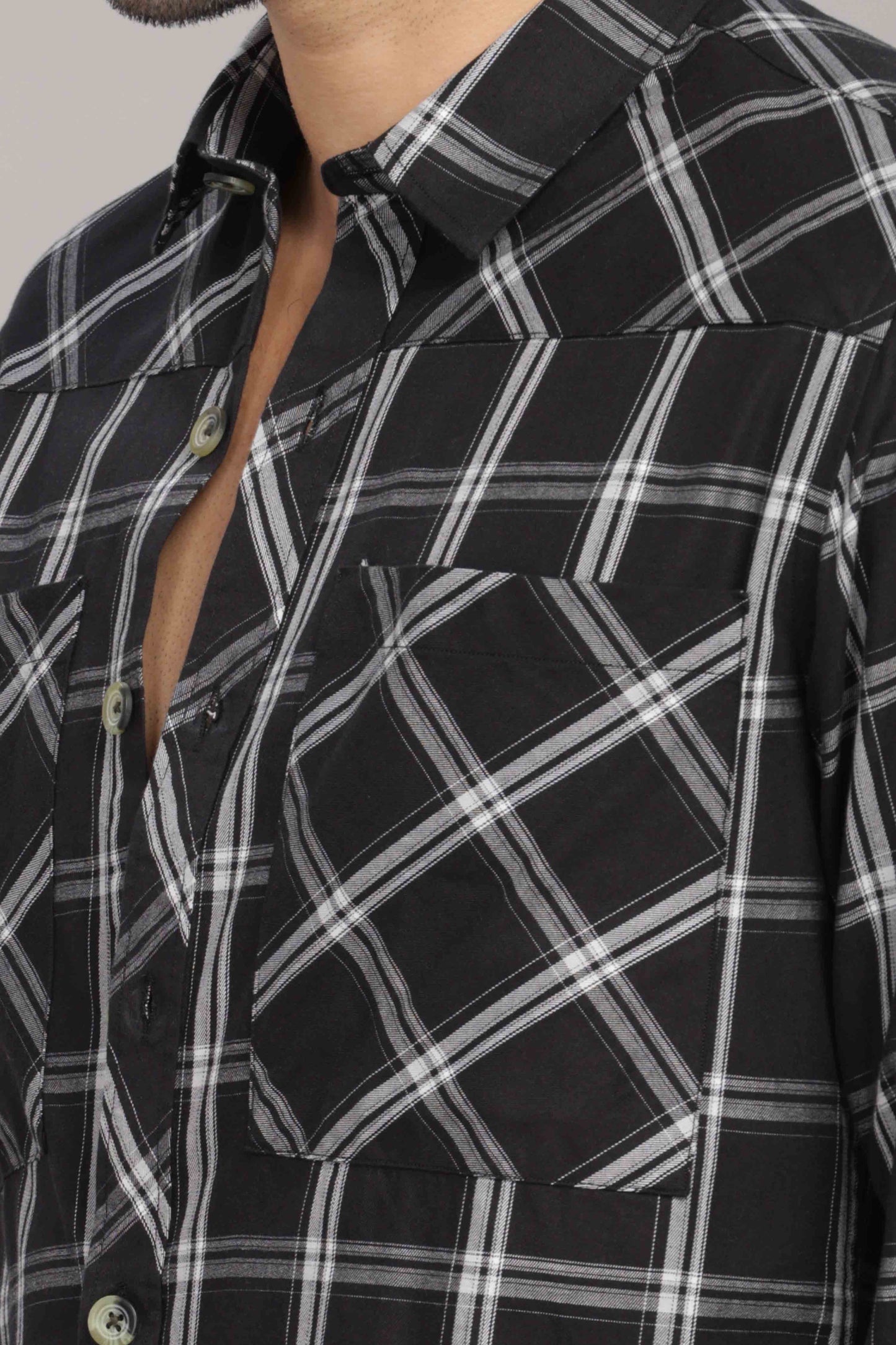 Black Double Box Pocket Checks Shirt