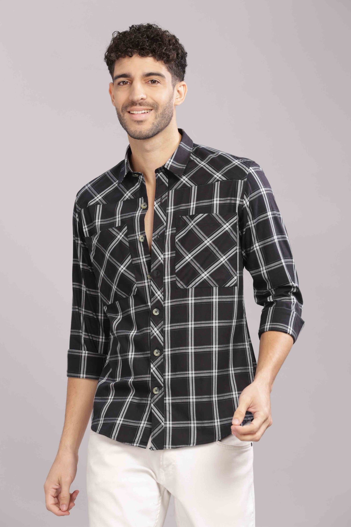 Black Double Box Pocket Checks Shirt
