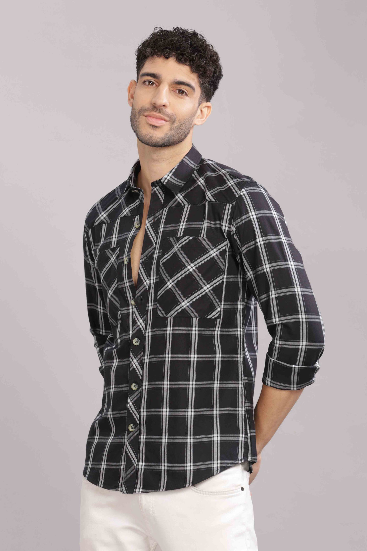 Black Double Box Pocket Checks Shirt