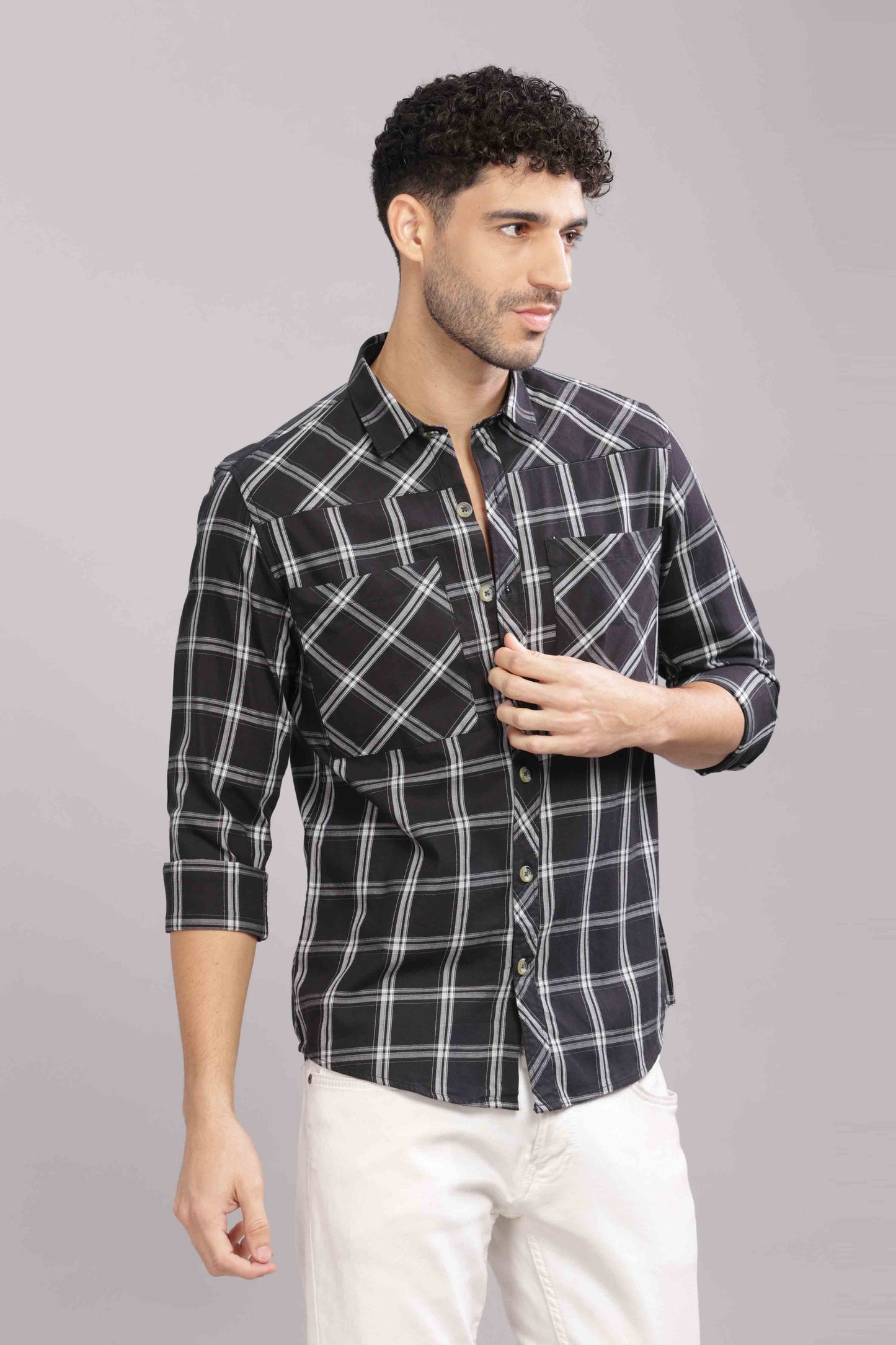 Black Double Box Pocket Checks Shirt