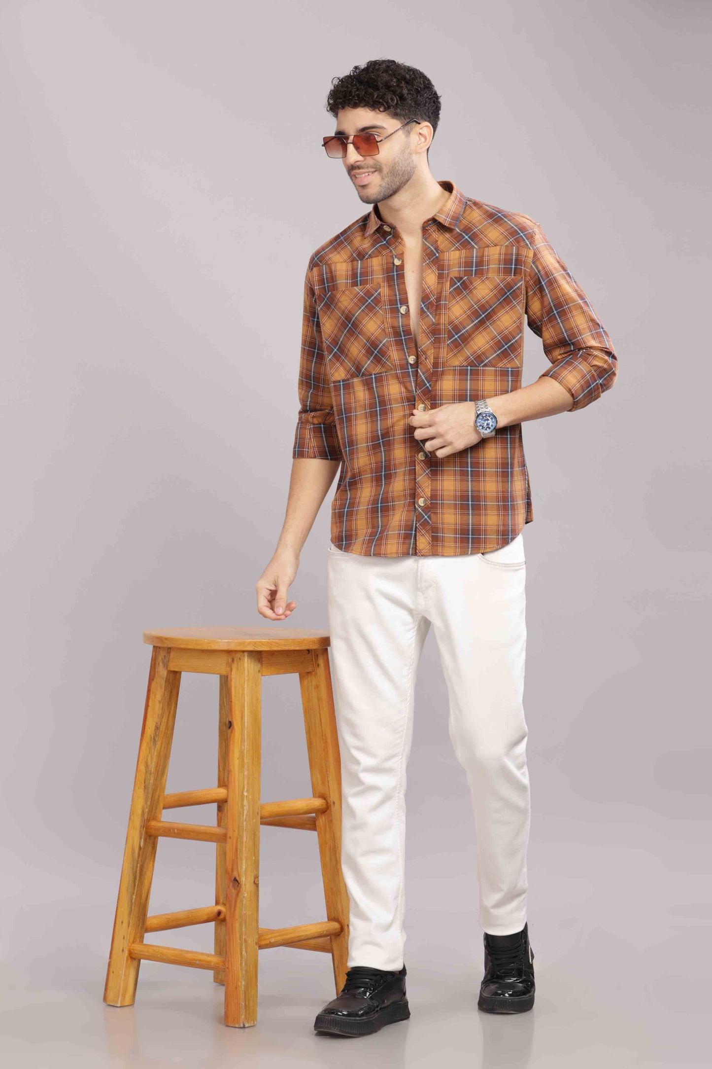 Fawn Double Box Pocket Checks Shirt