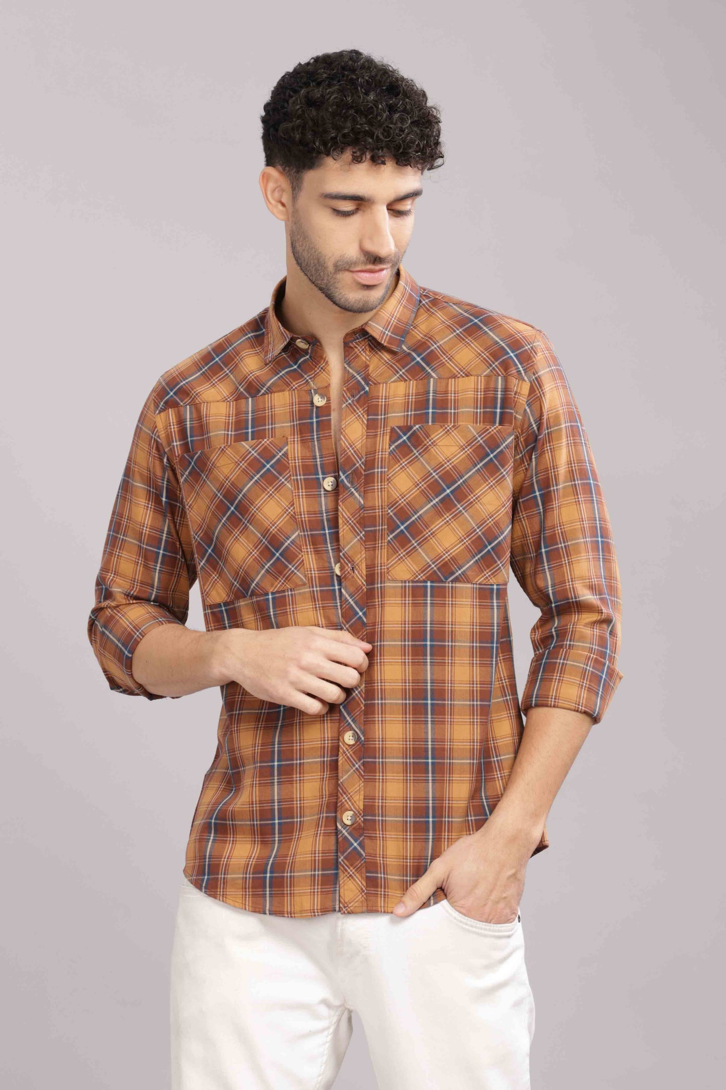 Fawn Double Box Pocket Checks Shirt