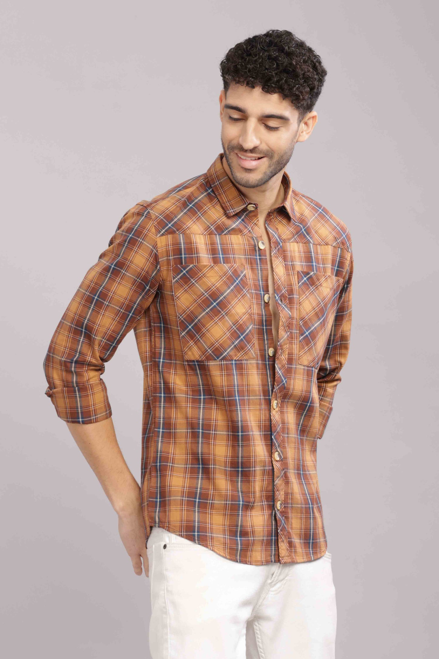 Fawn Double Box Pocket Checks Shirt