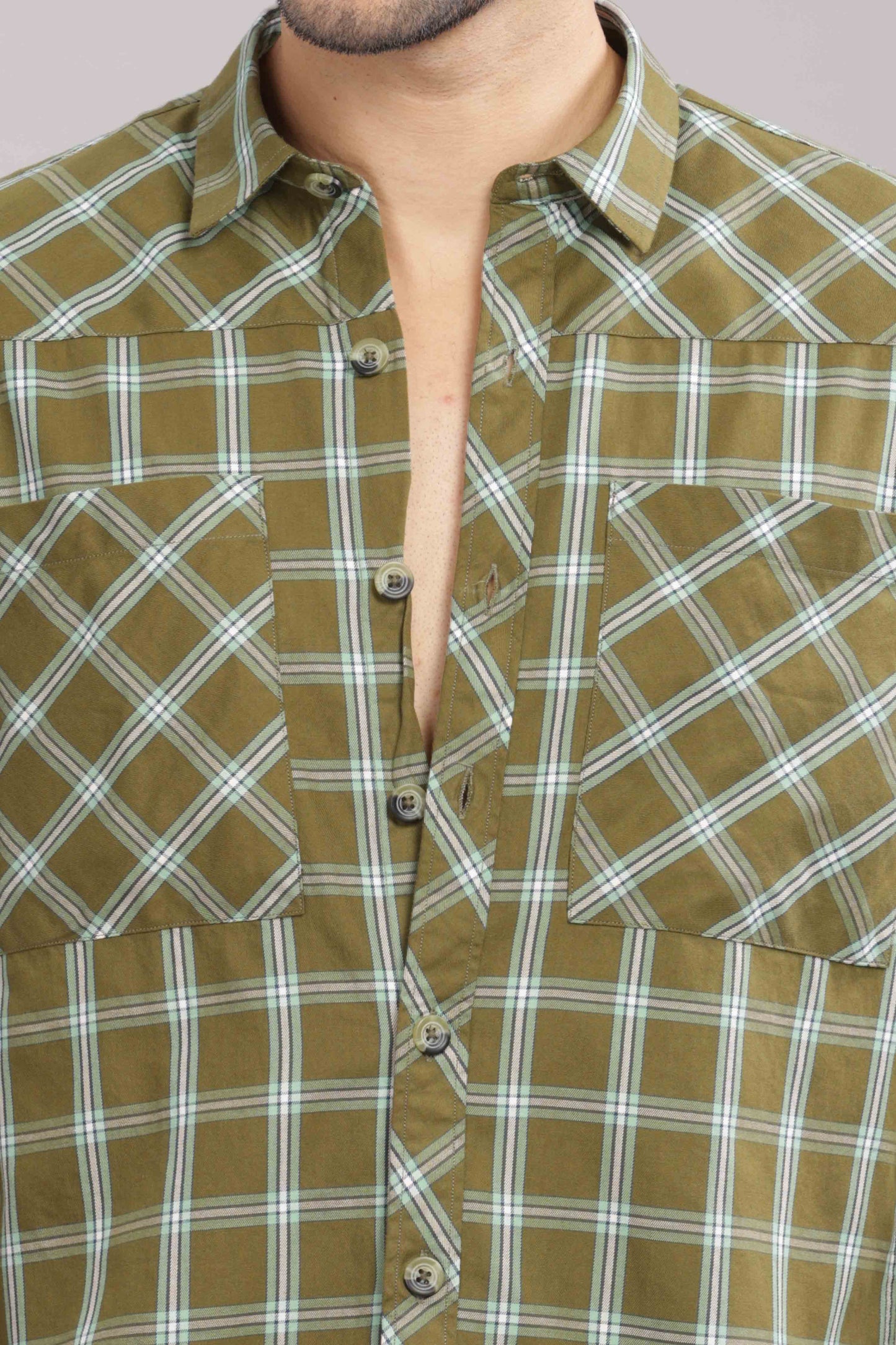 Green Double Box Pocket Checks Shirt