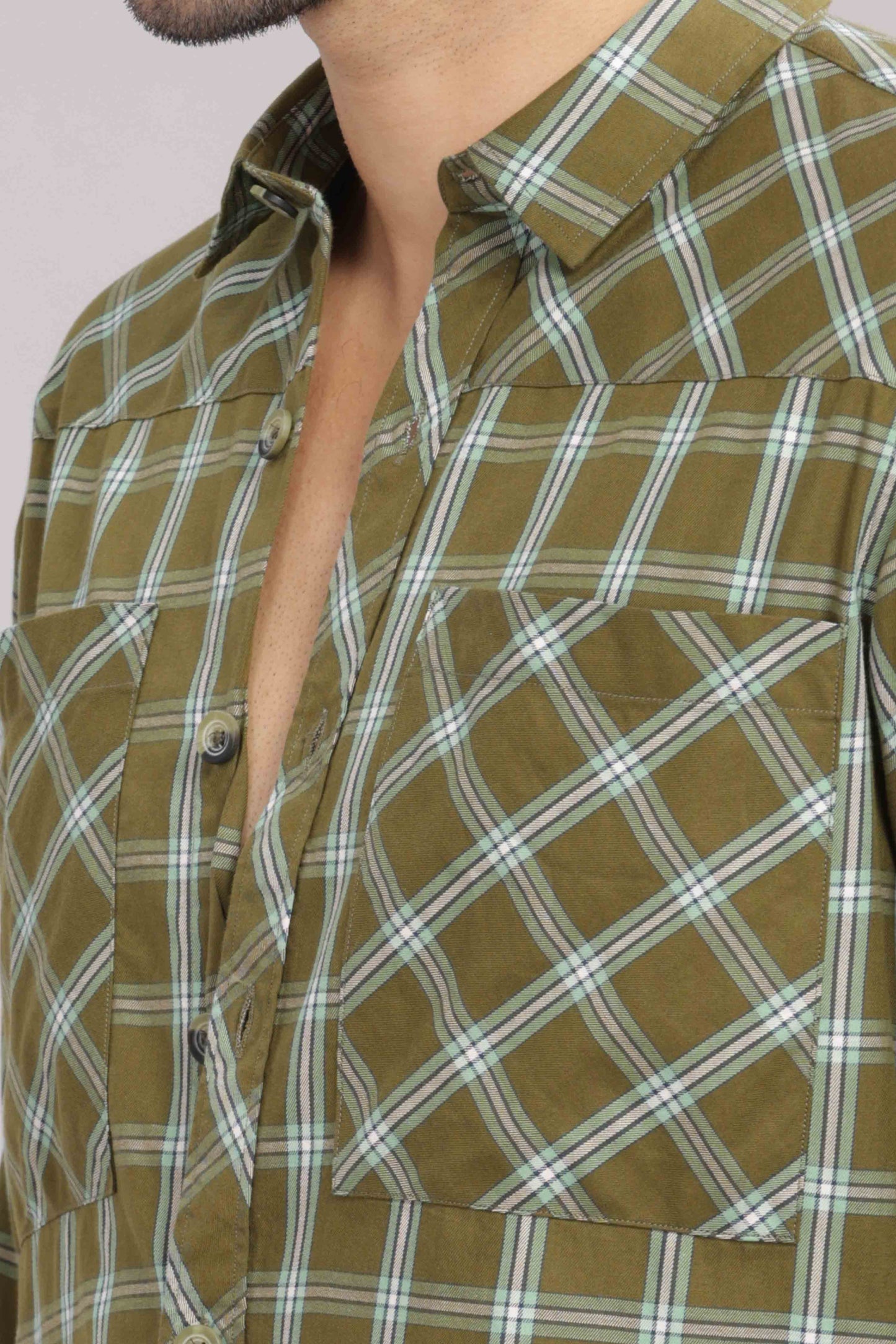 Green Double Box Pocket Checks Shirt