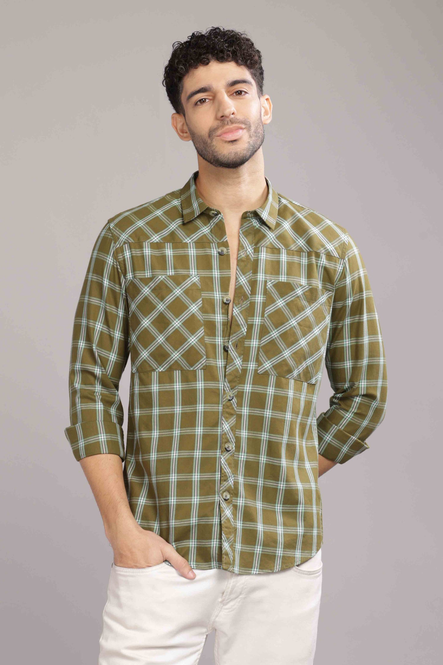 Green Double Box Pocket Checks Shirt