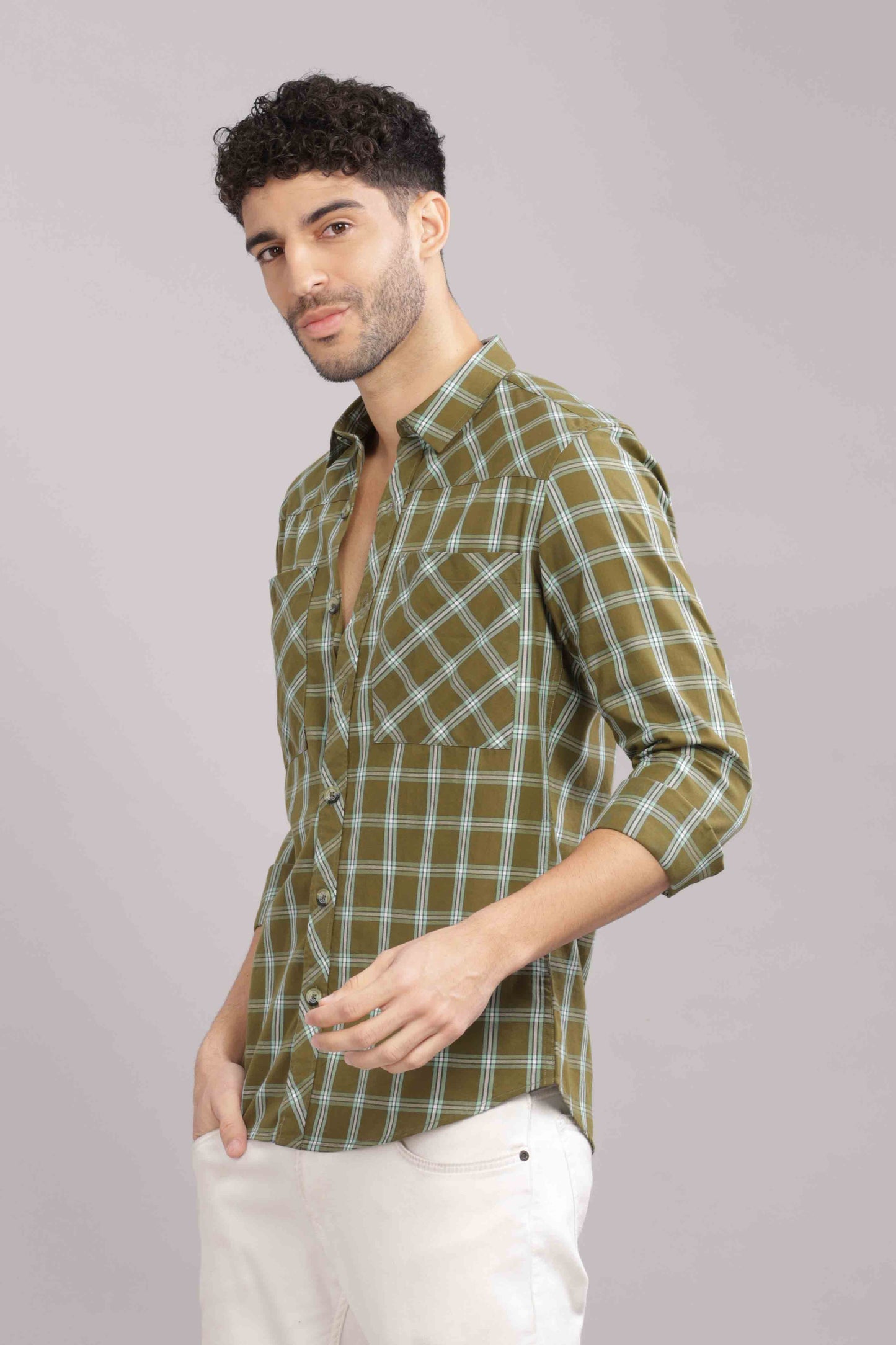 Green Double Box Pocket Checks Shirt