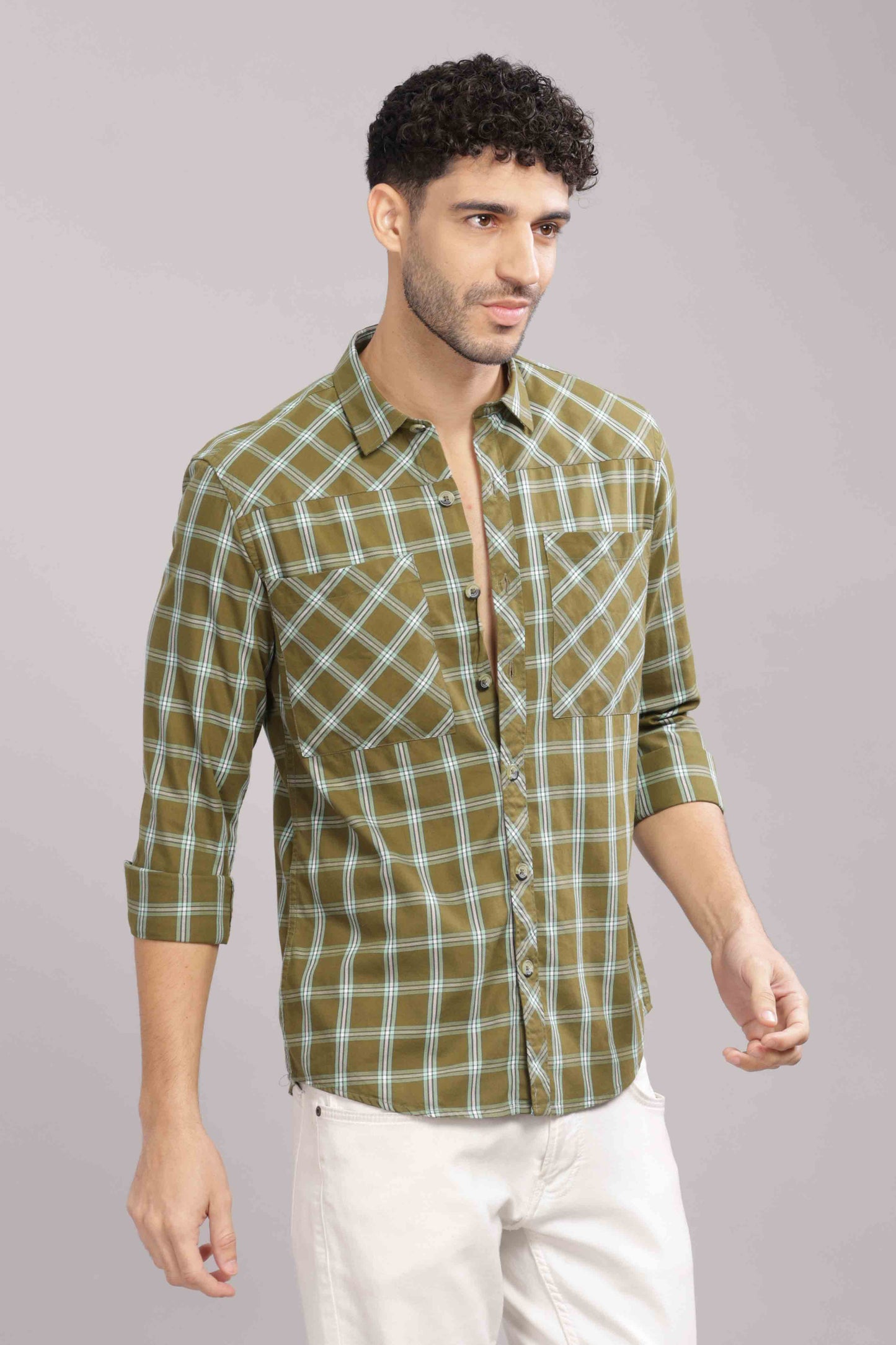 Green Double Box Pocket Checks Shirt
