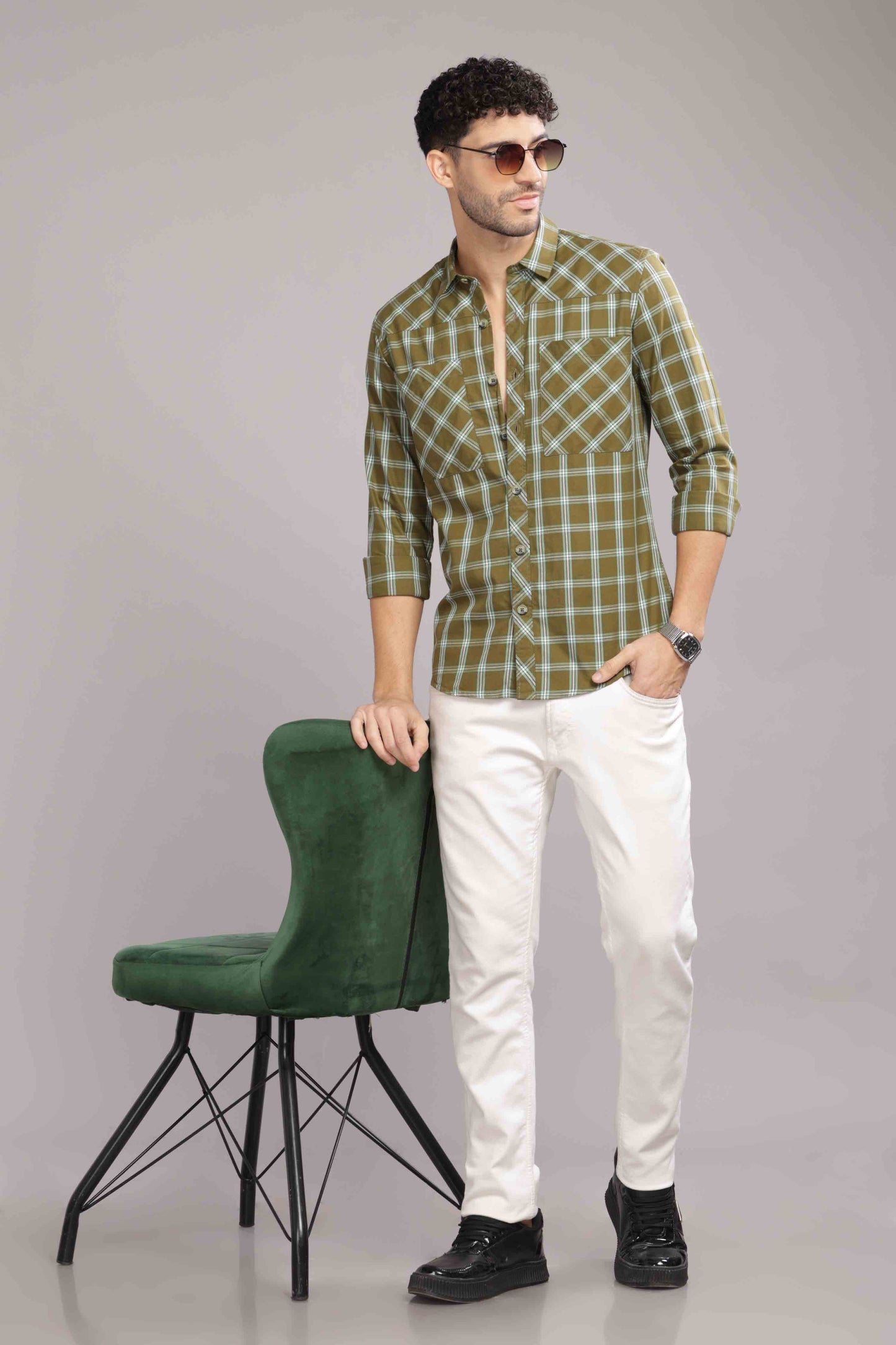Green Double Box Pocket Checks Shirt