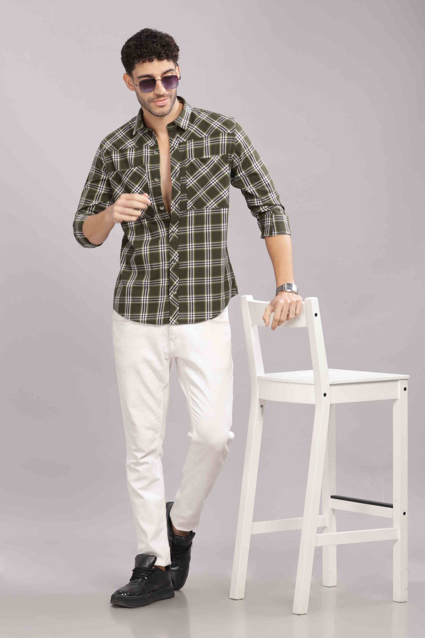 Olive Double Box Pocket Checks Shirt