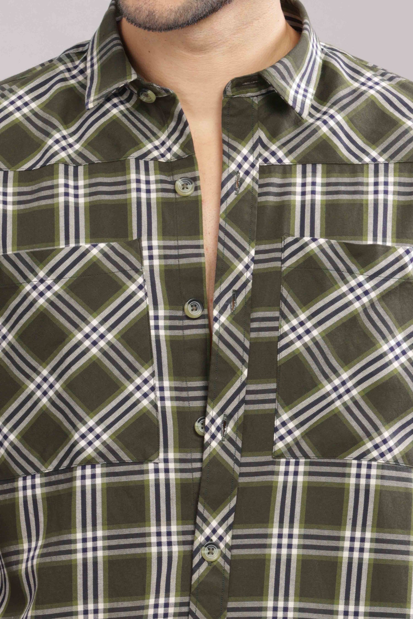 Olive Double Box Pocket Checks Shirt