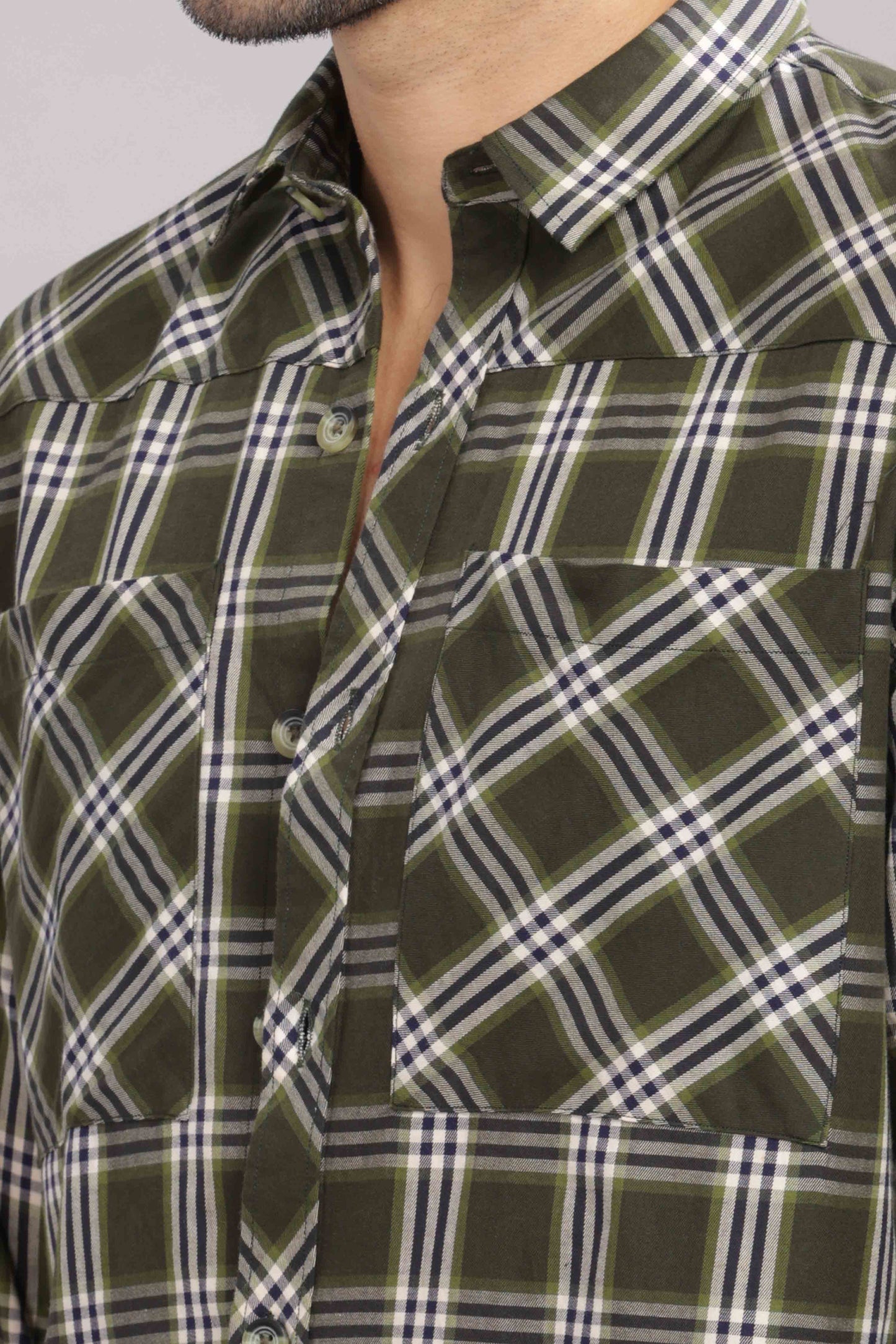 Olive Double Box Pocket Checks Shirt