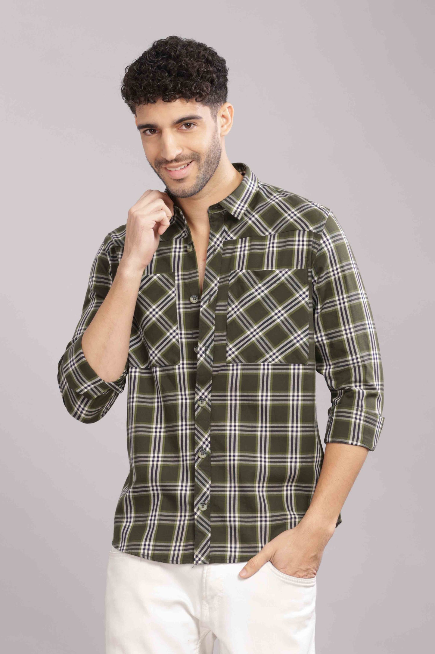Olive Double Box Pocket Checks Shirt