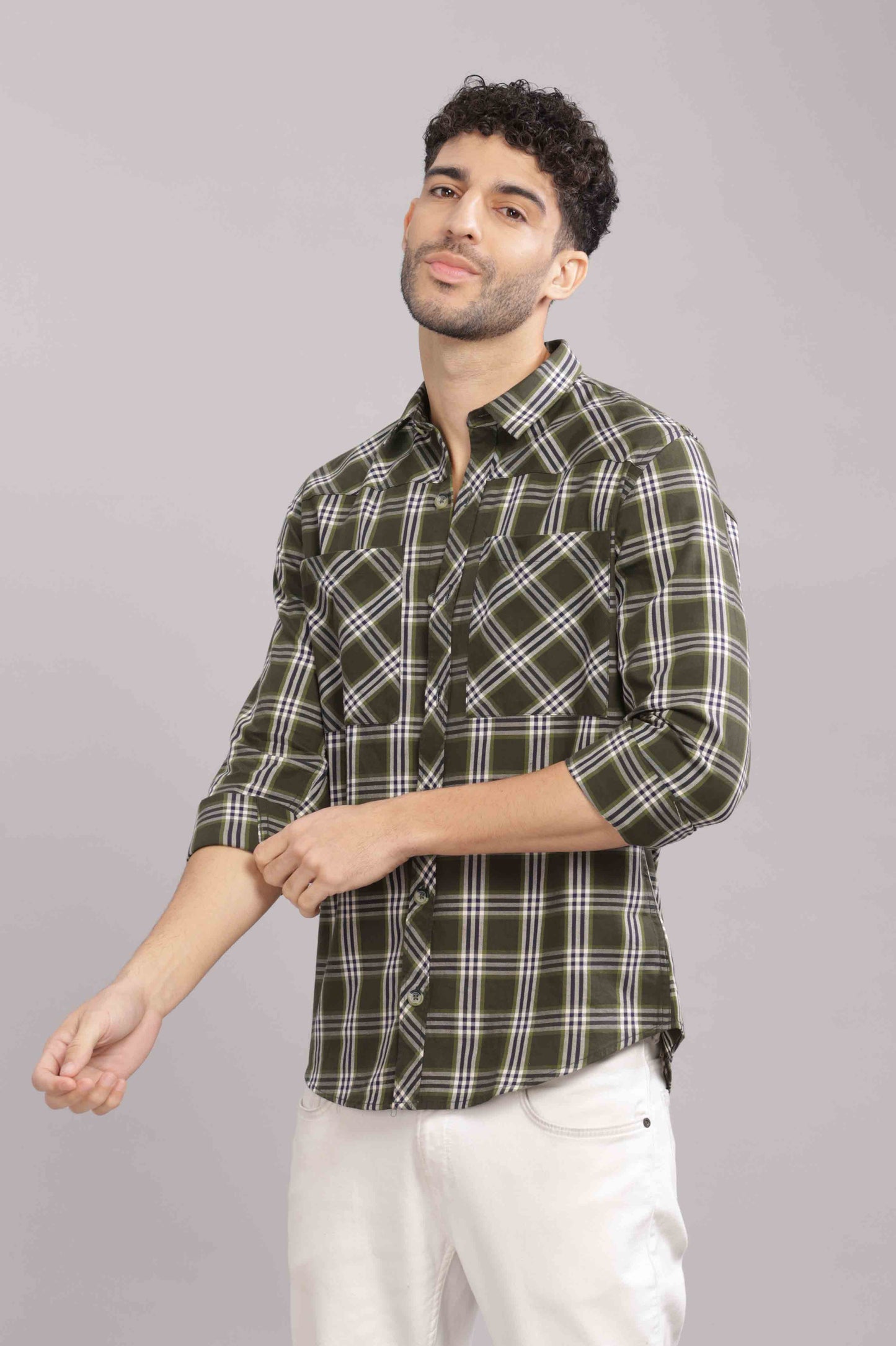 Olive Double Box Pocket Checks Shirt