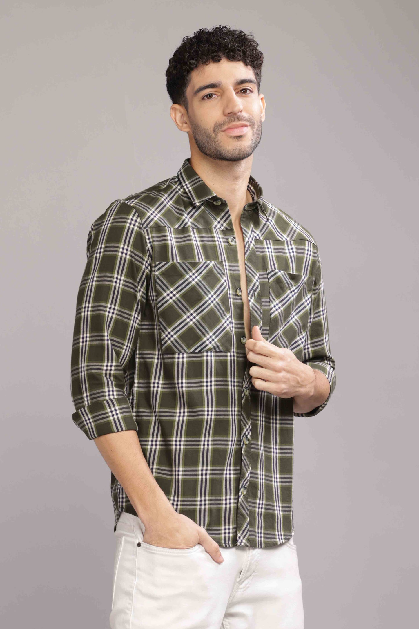 Olive Double Box Pocket Checks Shirt