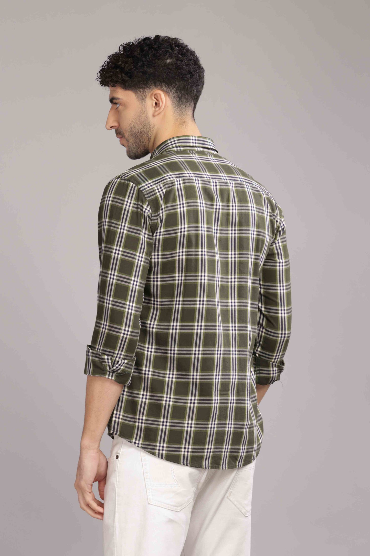 Olive Double Box Pocket Checks Shirt