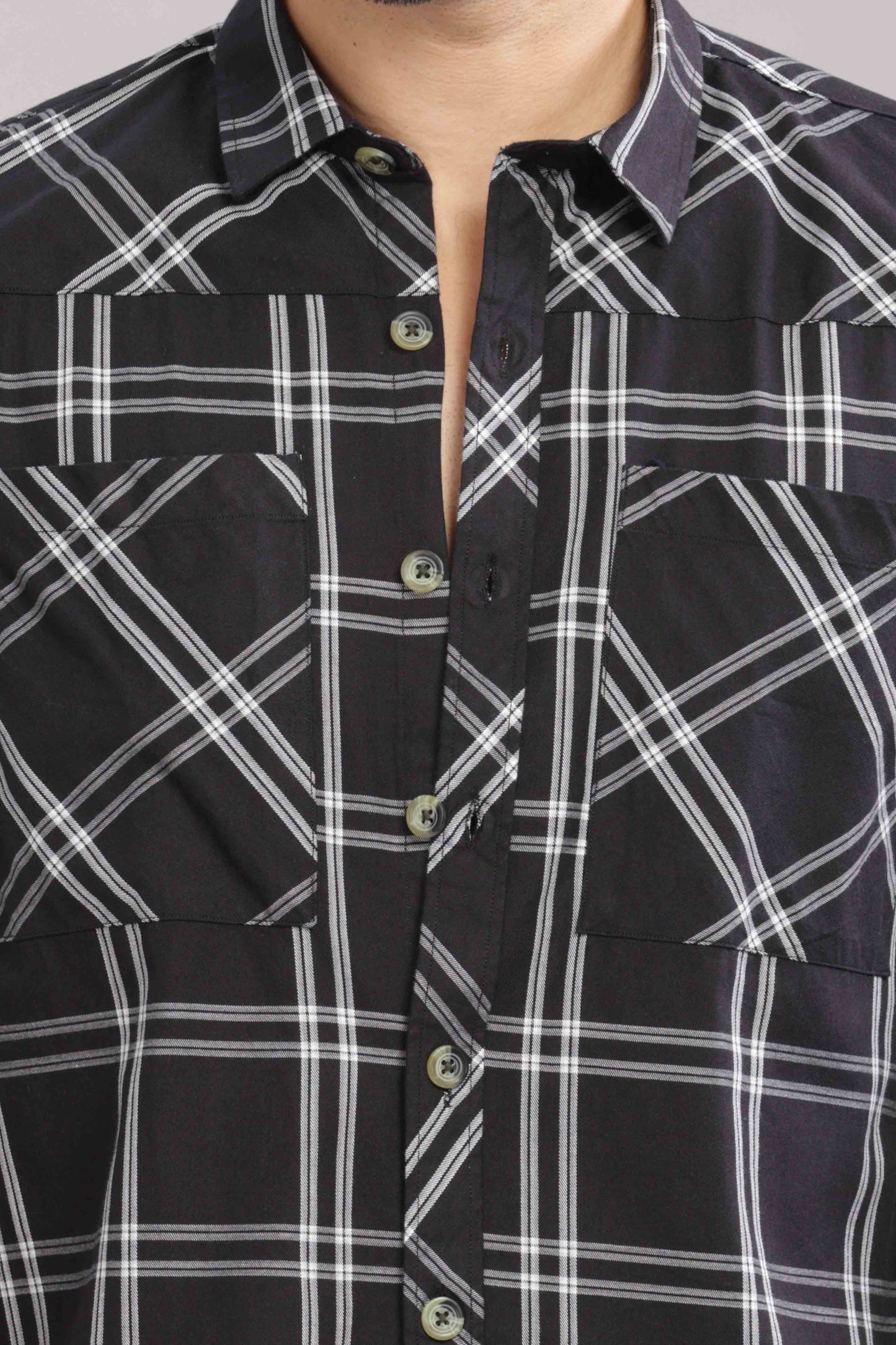 Black Double Box Pocket Checks Shirt