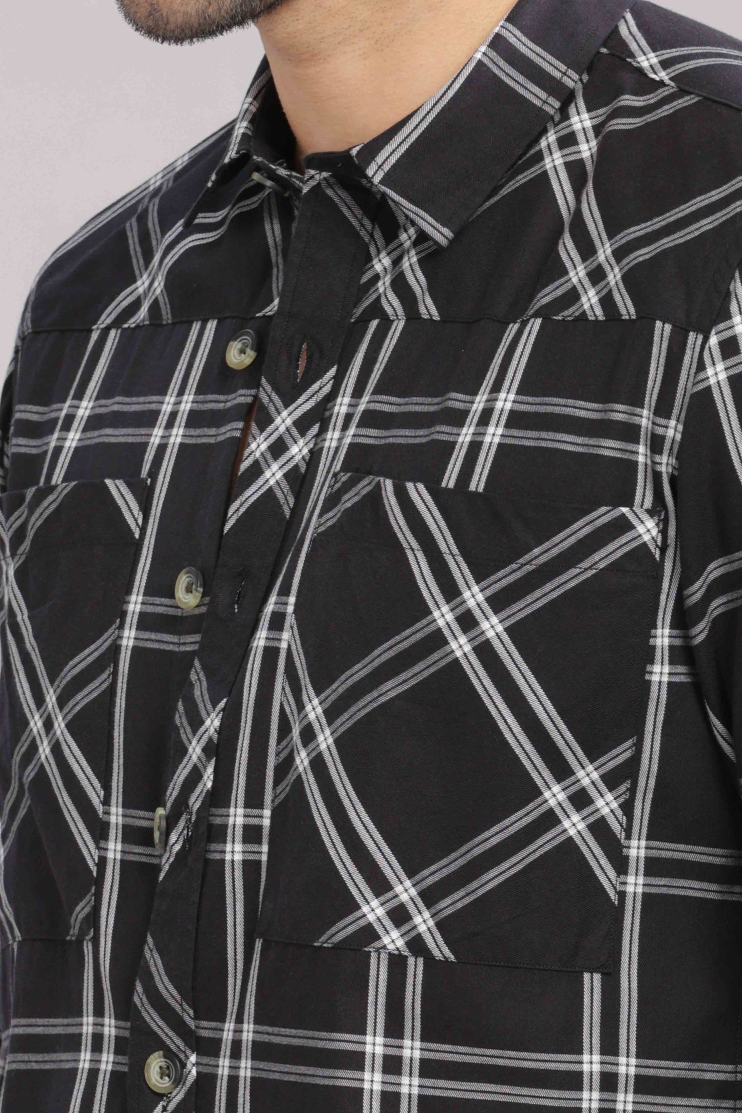 Black Double Box Pocket Checks Shirt