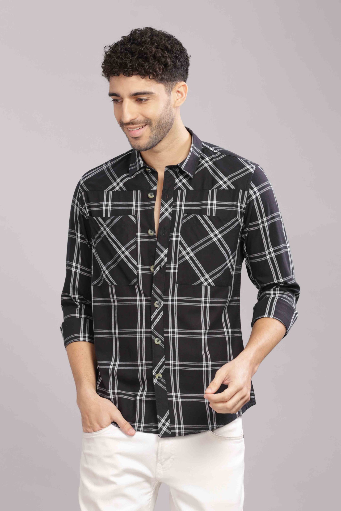 Black Double Box Pocket Checks Shirt