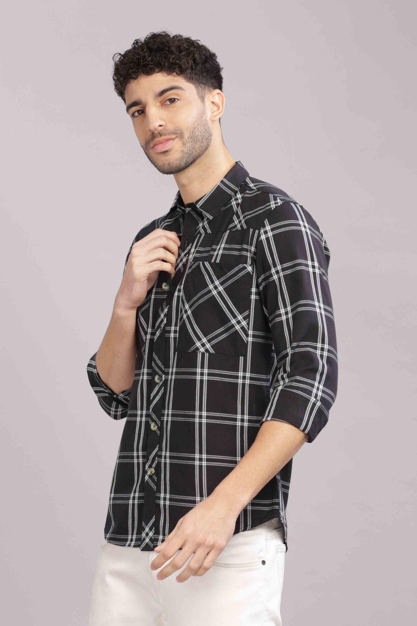 Black Double Box Pocket Checks Shirt