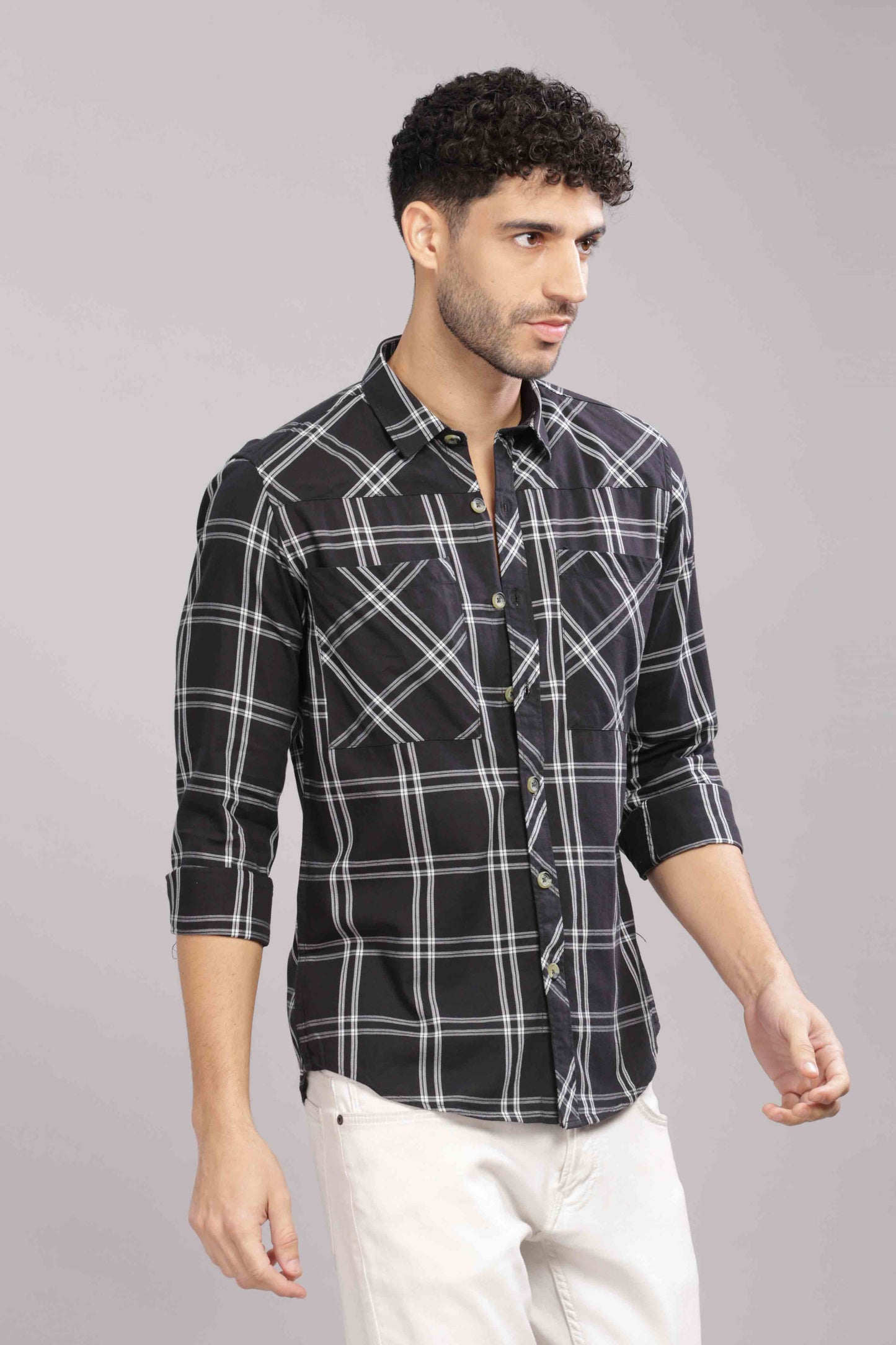 Black Double Box Pocket Checks Shirt
