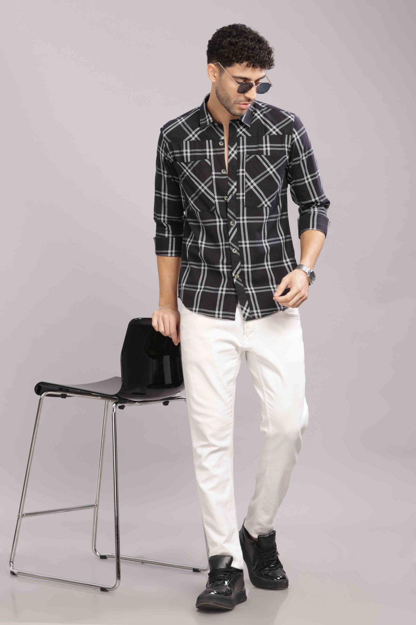 Black Double Box Pocket Checks Shirt