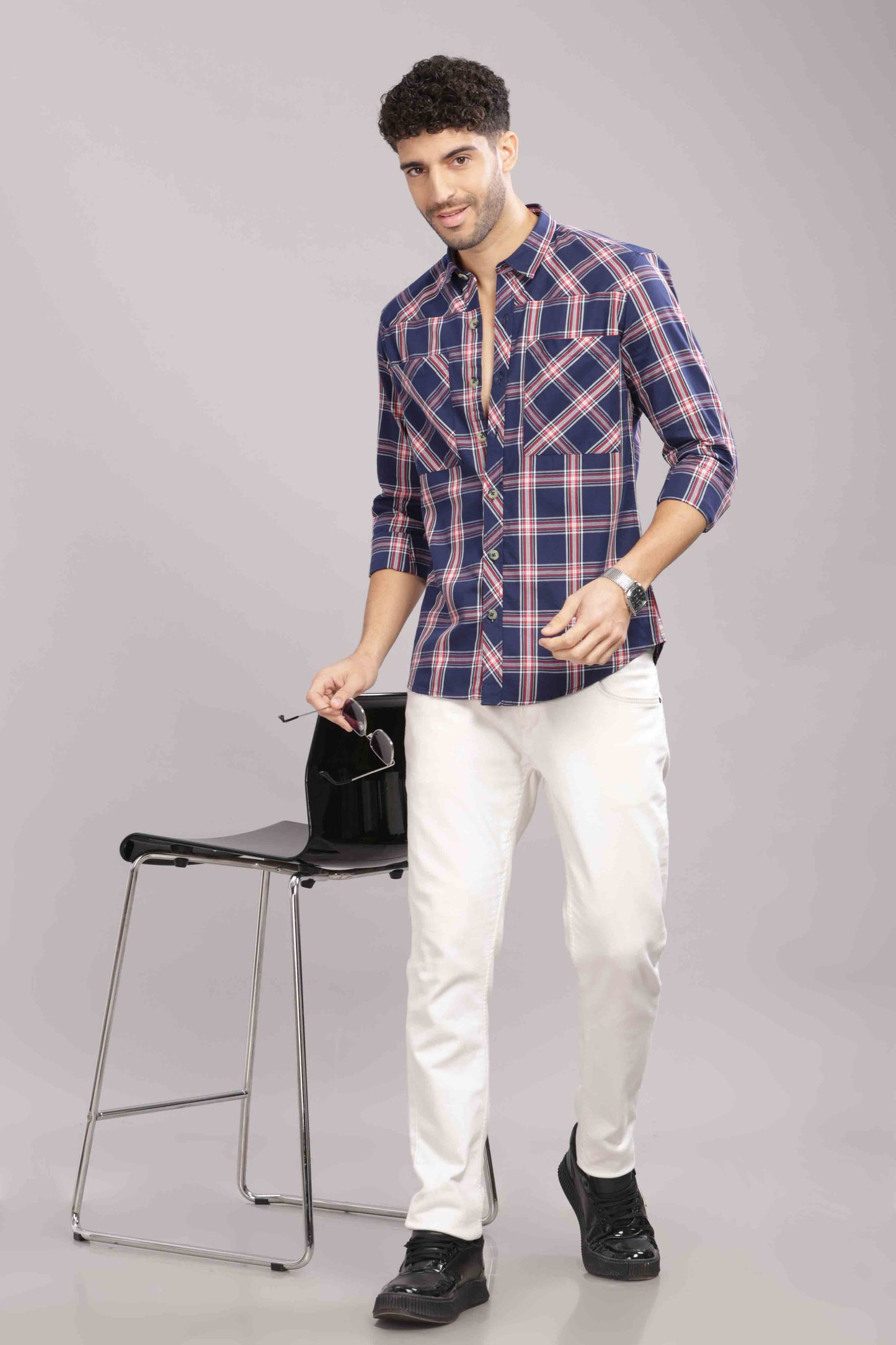 Blue Double Box Pocket Checks Shirt