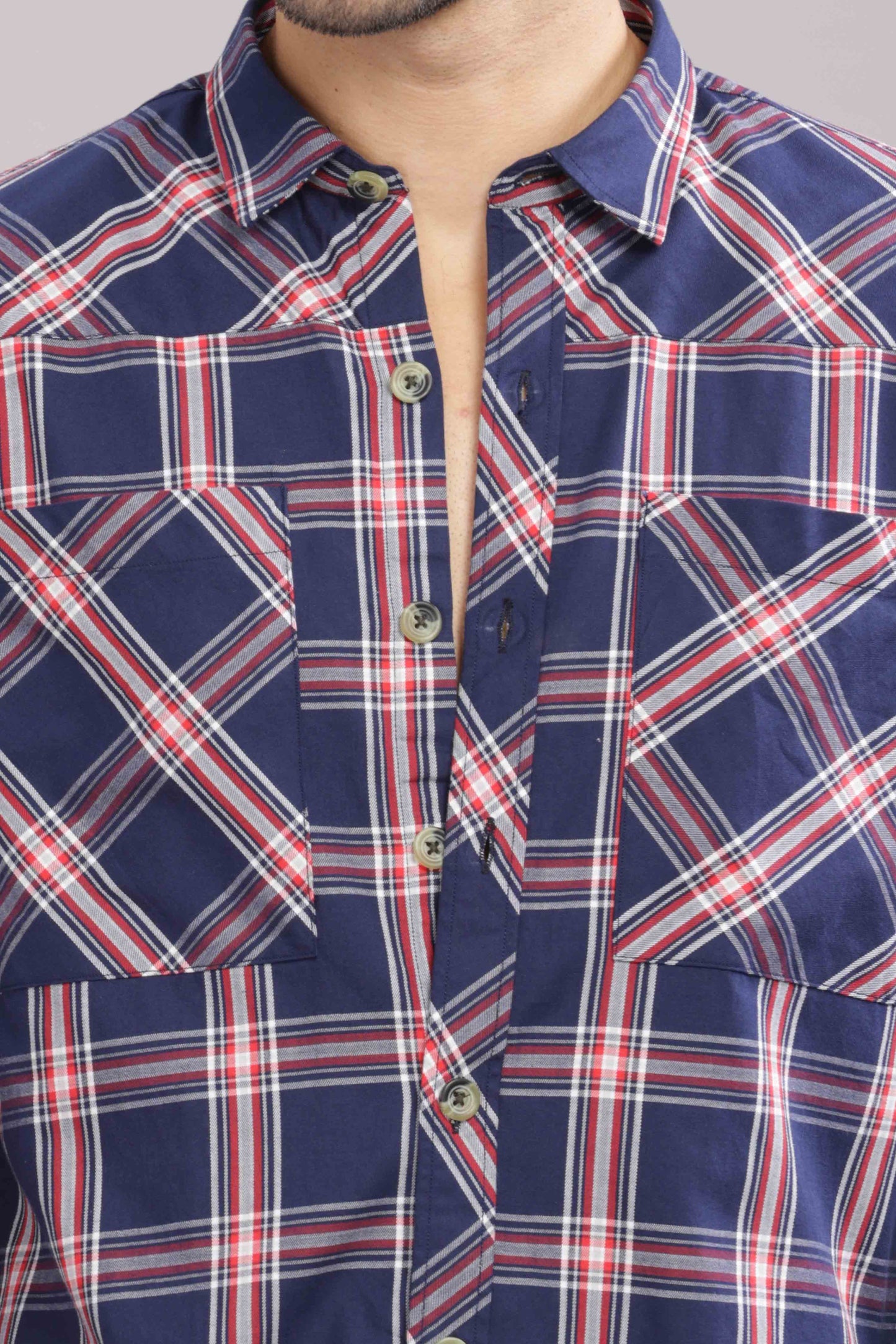 Blue Double Box Pocket Checks Shirt