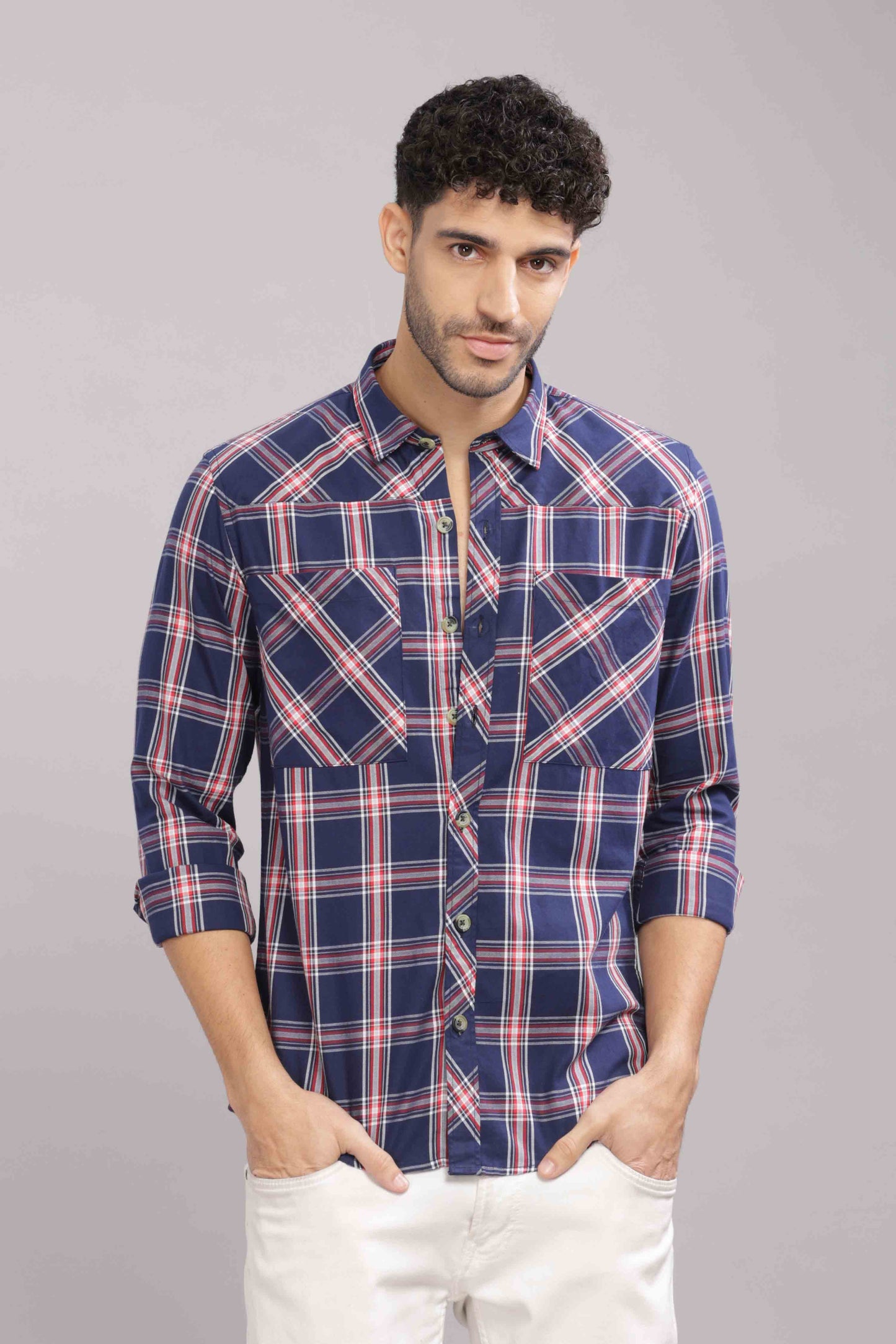 Blue Double Box Pocket Checks Shirt