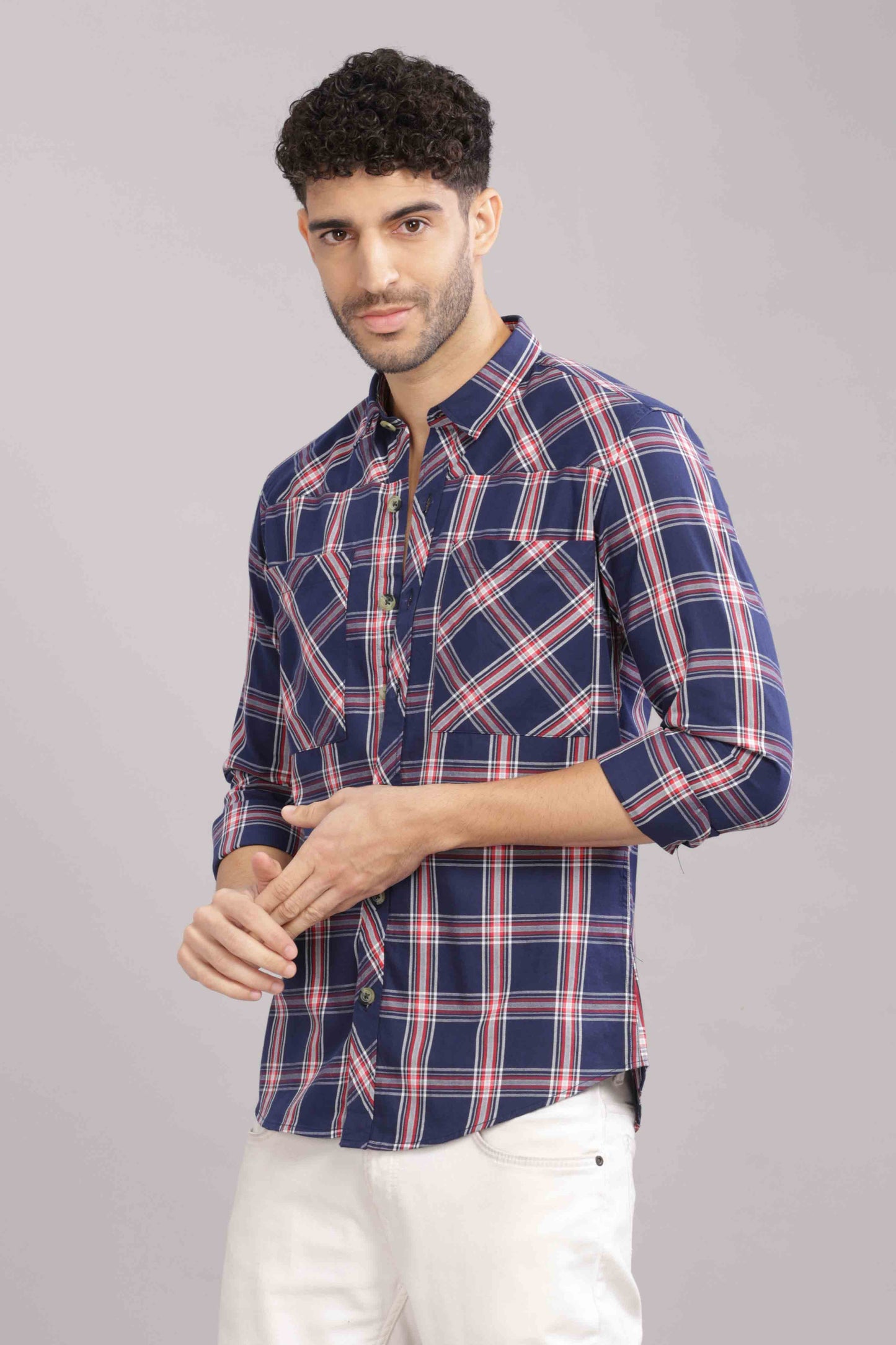Blue Double Box Pocket Checks Shirt