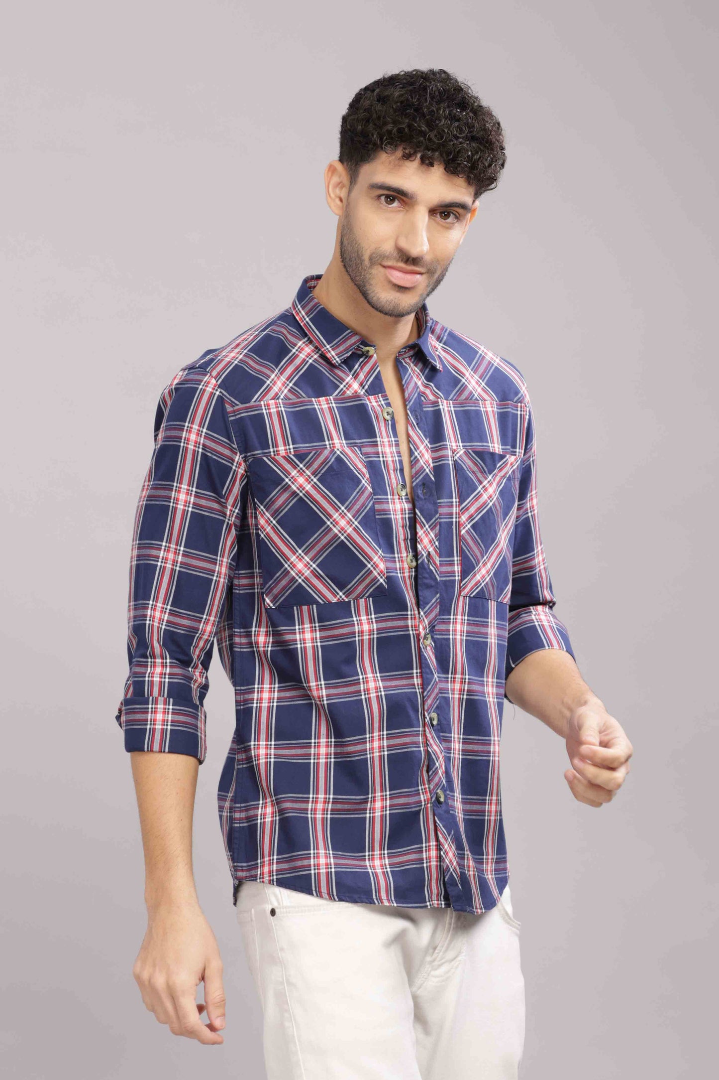 Blue Double Box Pocket Checks Shirt