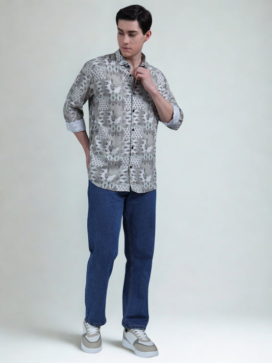 Olive Ethnic Printed Shirt