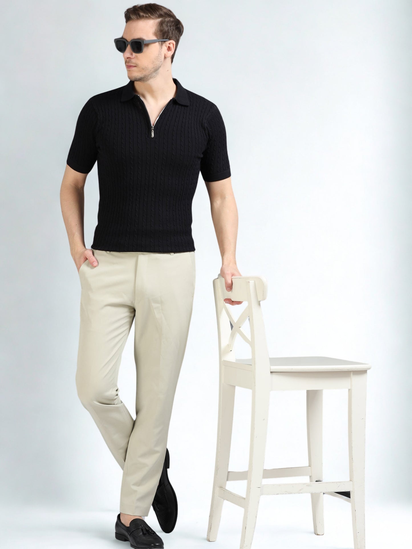 Ribbed Design Zipper Polo T-Shirt- Black