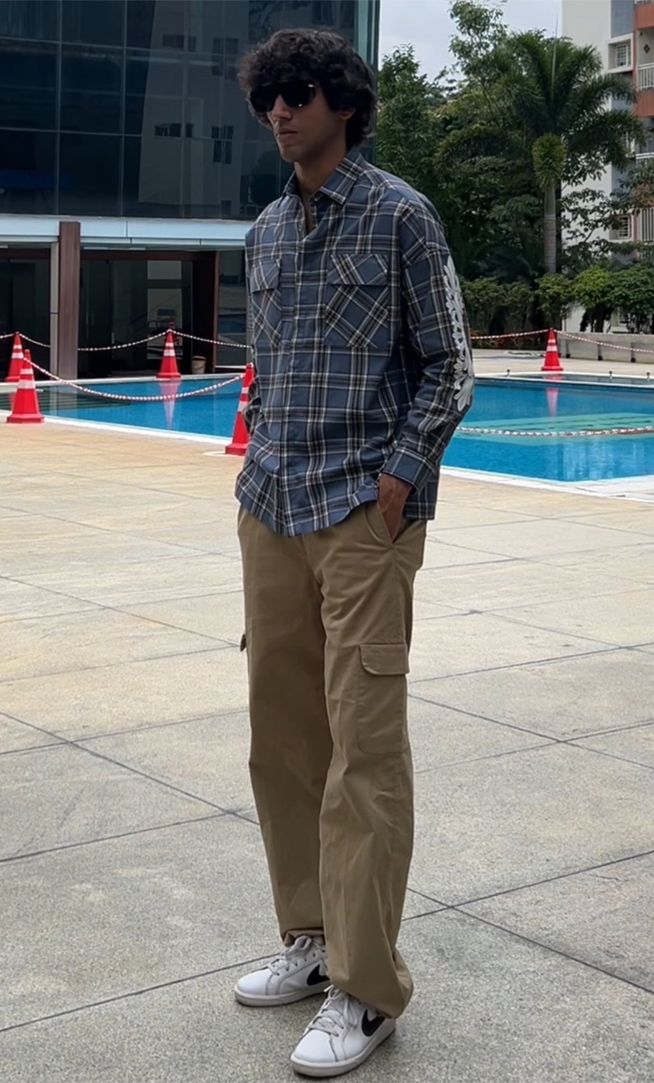 Navy Grey Checked Shirt with Flap Pockets