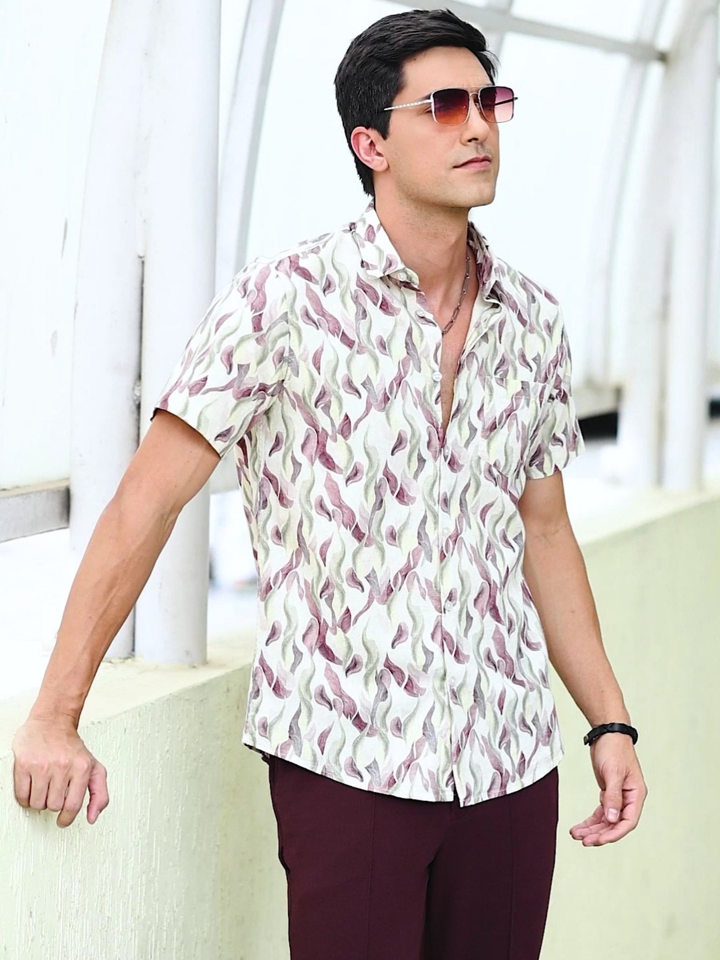 Maroon Floral Design Printed Half Sleeve Shirt