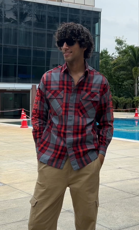 Red Plaid Shirt with Sleeve Print