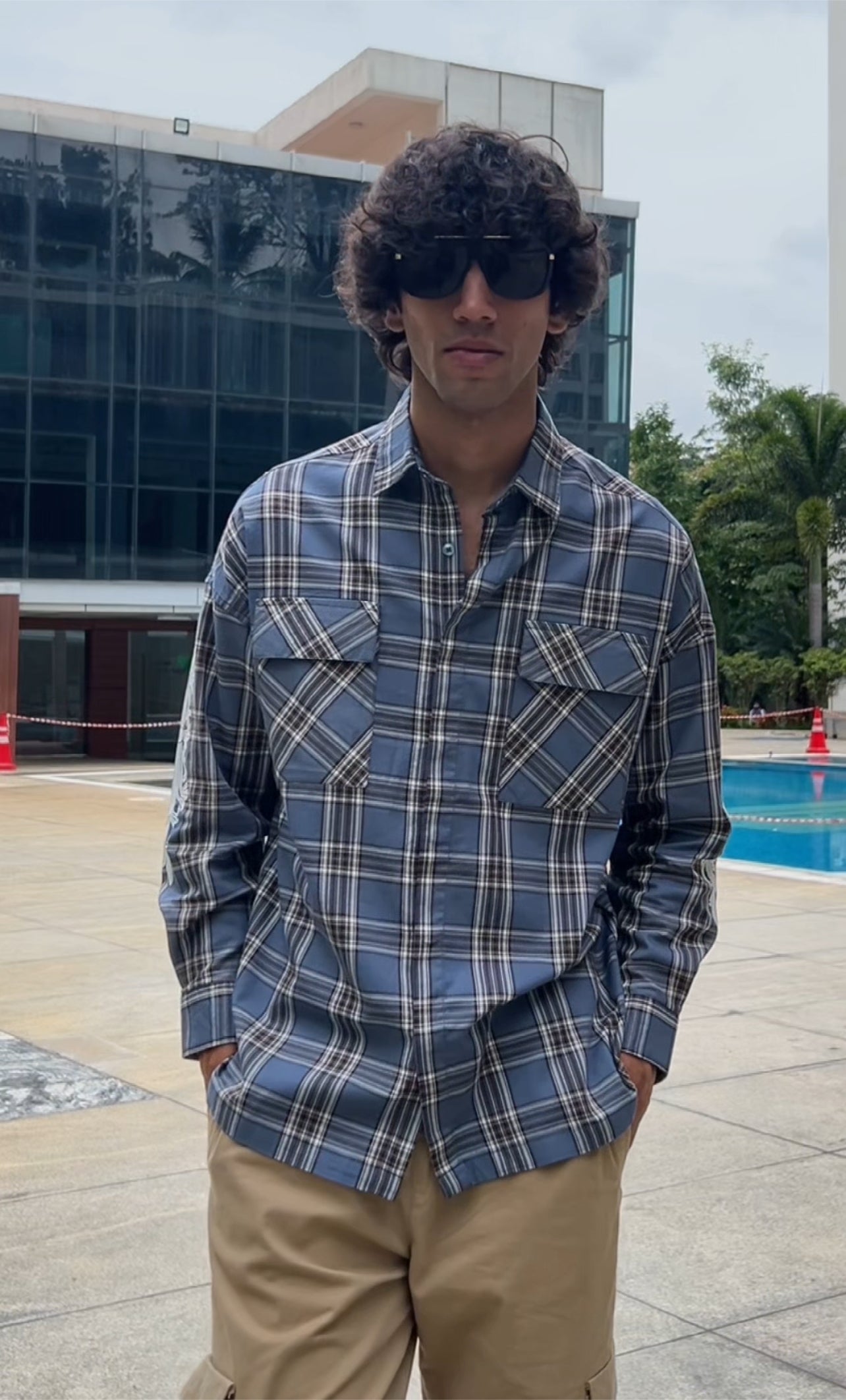 Navy Grey Checked Shirt with Flap Pockets