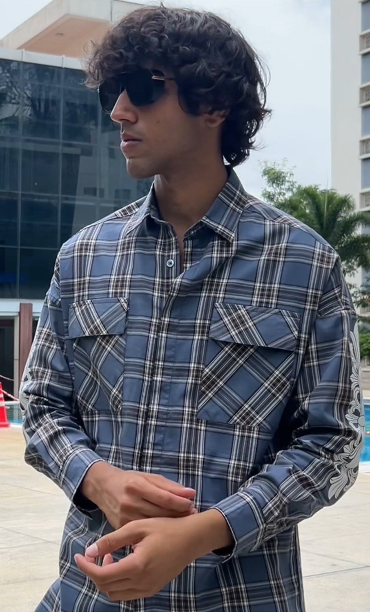 Navy Grey Checked Shirt with Flap Pockets