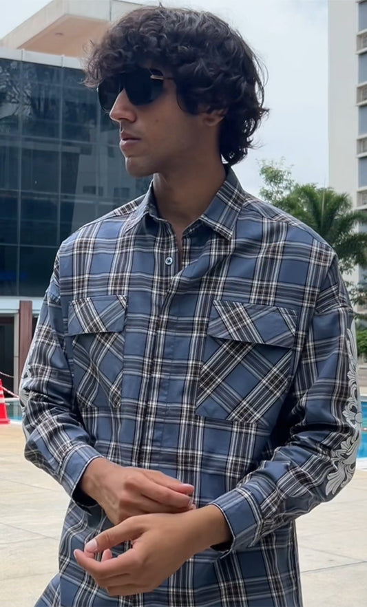 Navy Grey Checked Shirt with Flap Pockets
