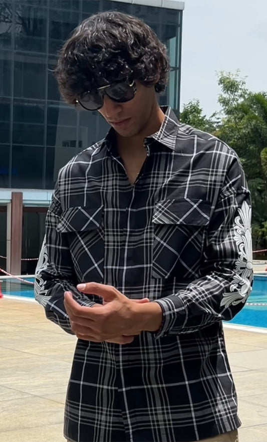 Black Plaid Shirt with Sleeve Print