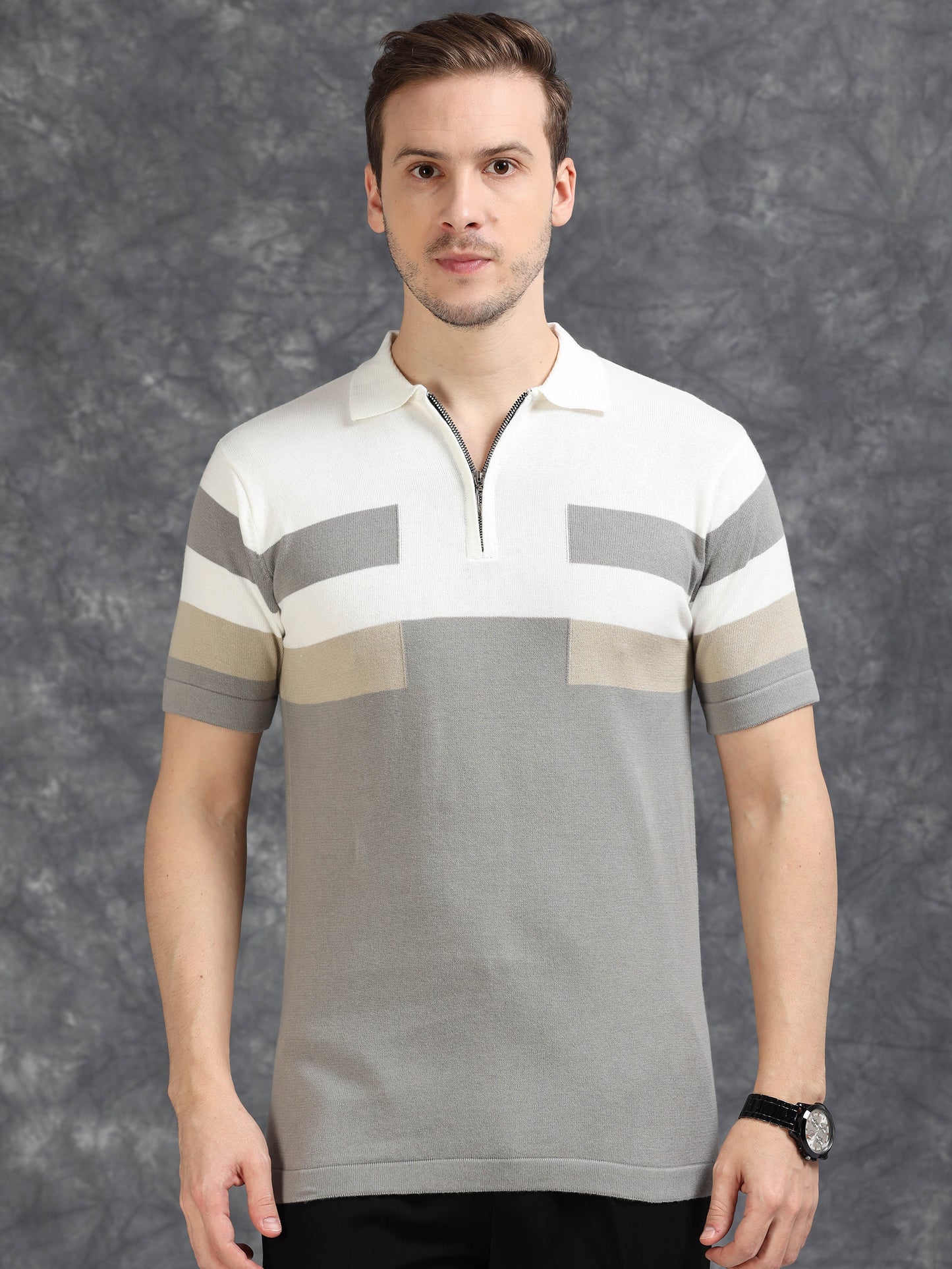Grey and White Pannel Design Polo T-shirt