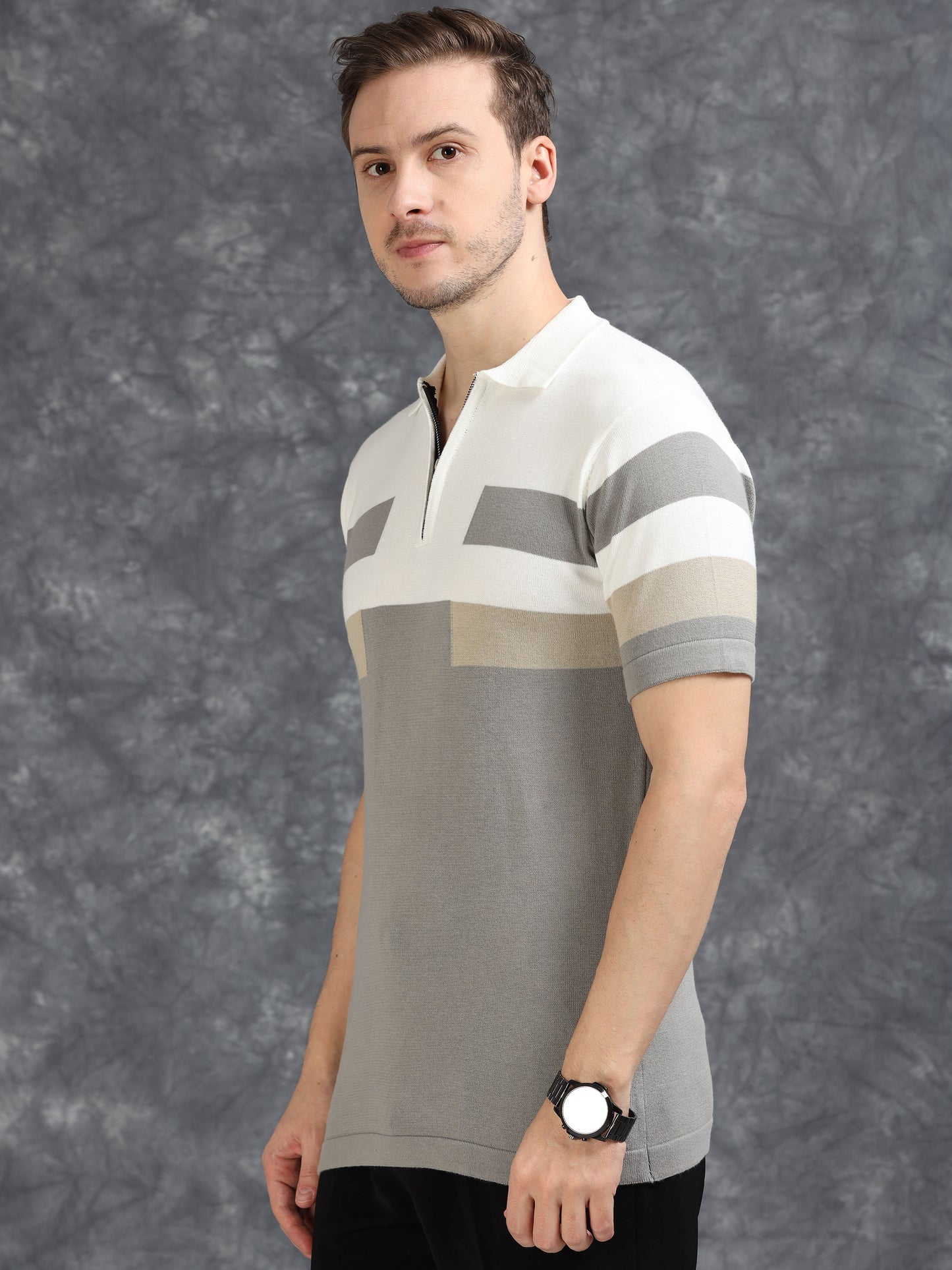 Grey and White Pannel Design Polo T-shirt