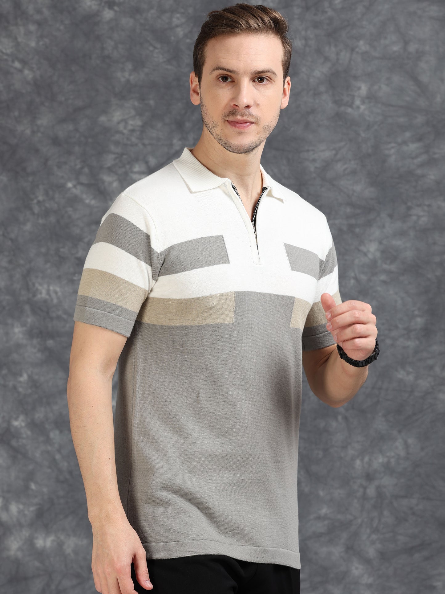 Grey and White Pannel Design Polo T-shirt