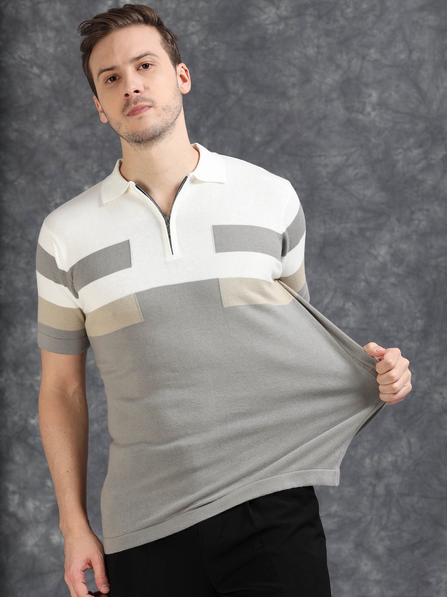 Grey and White Pannel Design Polo T-shirt