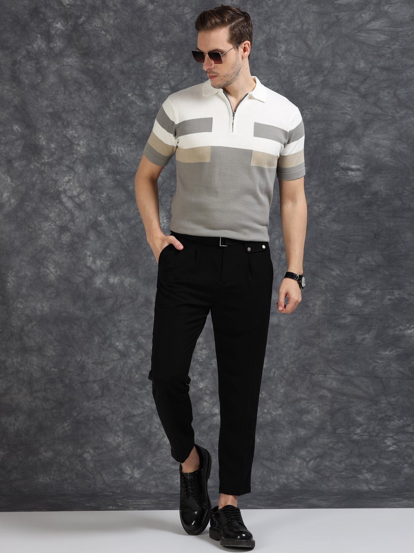 Grey and White Pannel Design Polo T-shirt